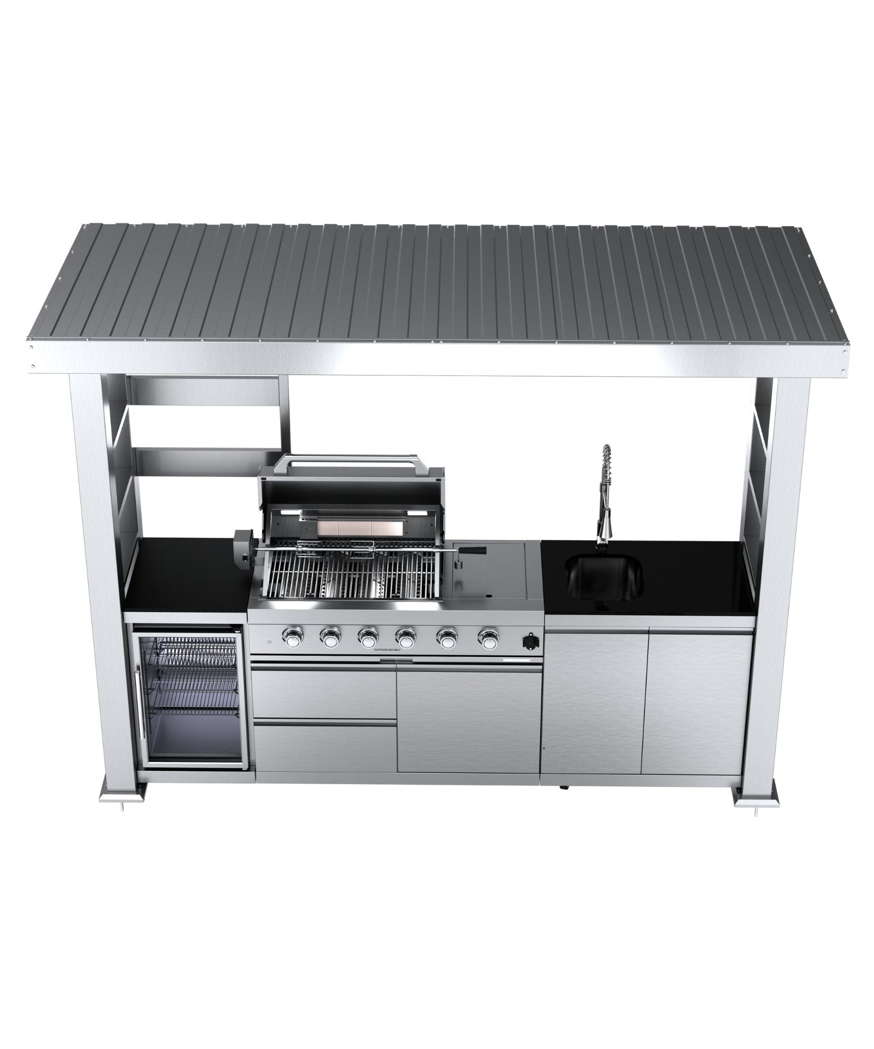 Castelle Flame Imperial 110-Inch 4-Burner 72K BTU Deluxe Stainless Steel Outdoor Kitchen Grill Island With Wine Cooler, Rotisserie, Cabinets, And Granite Countertops (SAK94721)