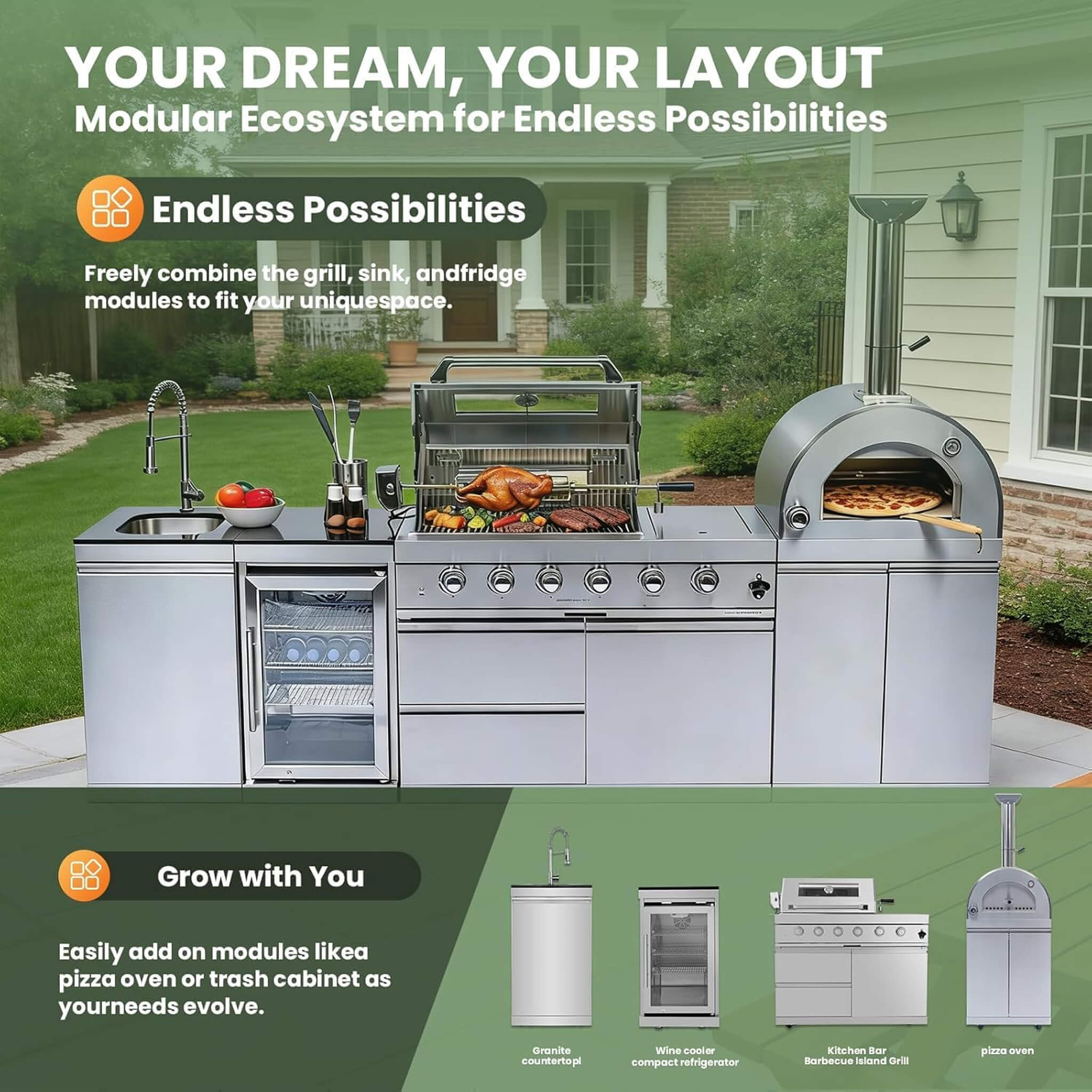Blazon 112-Inch 4-Burner 108K BTU Outdoor Kitchen Island W/ Pizza Oven, Rotisserie, Refrigerator, Granite Countertop, Storage Cabinets, And Drawers (SAK94565)