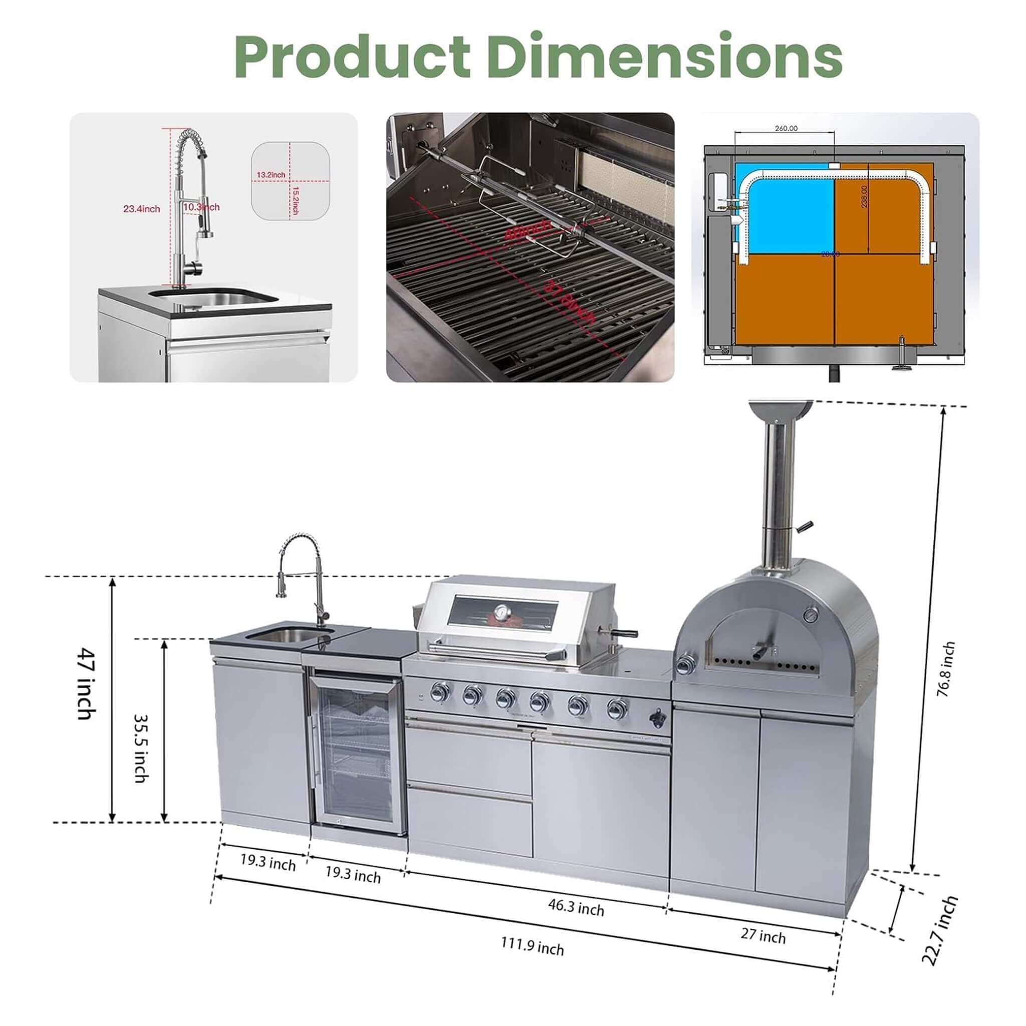 Blazon 112-Inch 4-Burner 108K BTU Outdoor Kitchen Island W/ Pizza Oven, Rotisserie, Refrigerator, Granite Countertop, Storage Cabinets, And Drawers (SAK94565)