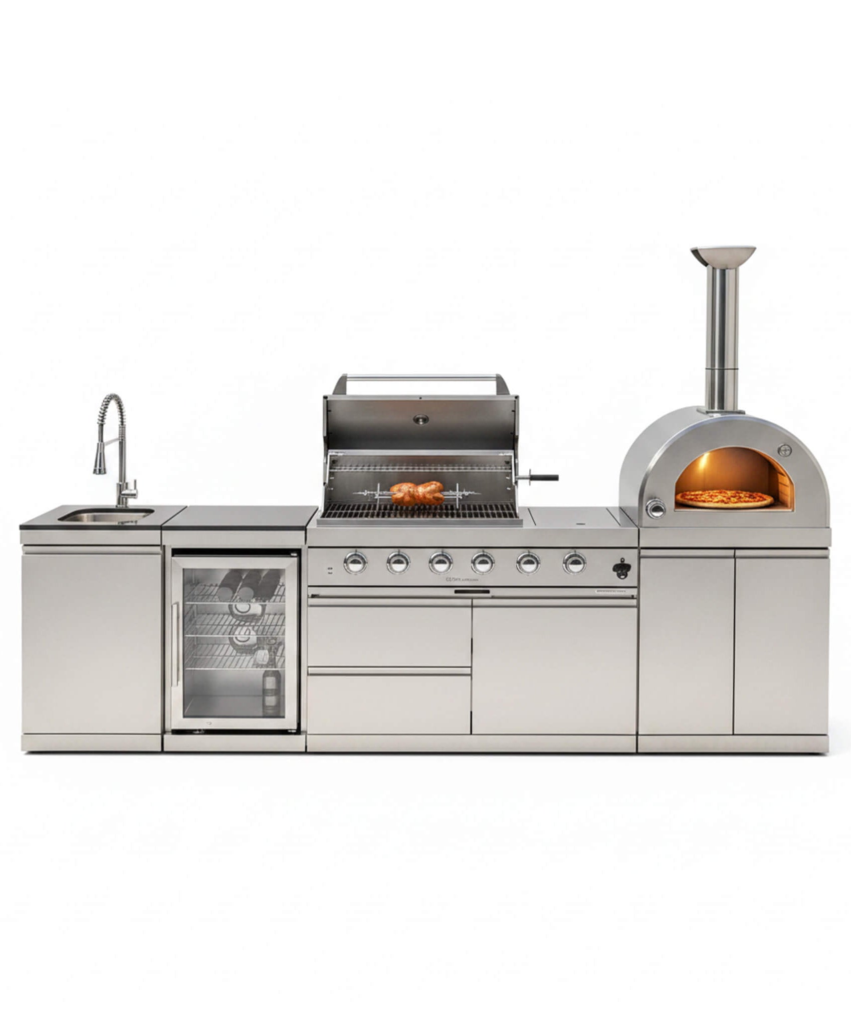 Blazon 112-Inch 4-Burner 108K BTU Outdoor Kitchen Island W/ Pizza Oven, Rotisserie, Refrigerator, Granite Countertop, Storage Cabinets, And Drawers (SAK94565)