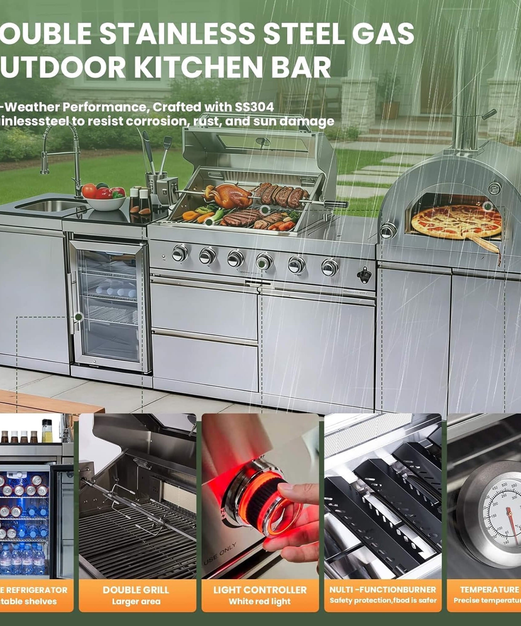 Blazon 112-Inch 4-Burner 108K BTU Outdoor Kitchen Island W/ Pizza Oven, Rotisserie, Refrigerator, Granite Countertop, Storage Cabinets, And Drawers (SAK94565)