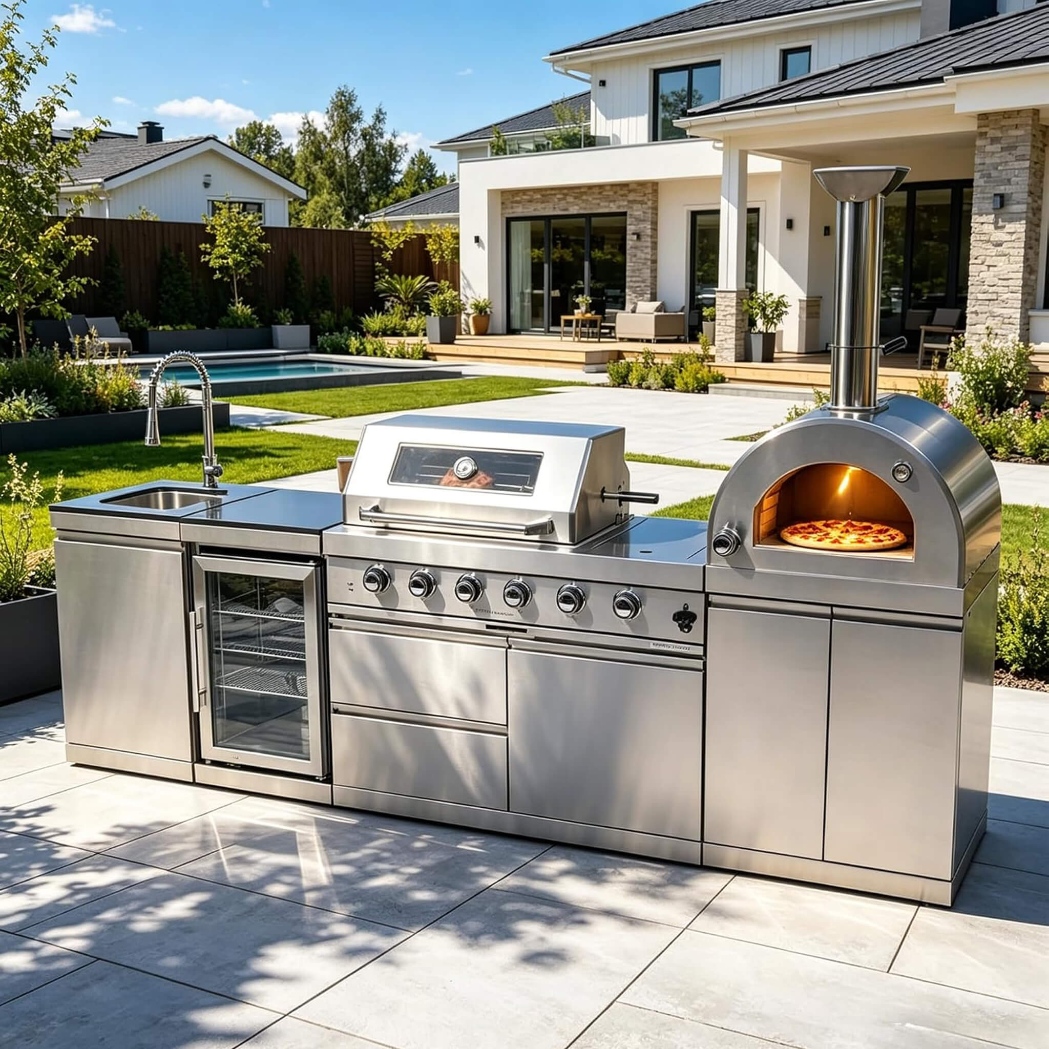 Blazon 112-Inch 4-Burner 108K BTU Outdoor Kitchen Island W/ Pizza Oven, Rotisserie, Refrigerator, Granite Countertop, Storage Cabinets, And Drawers (SAK94565)