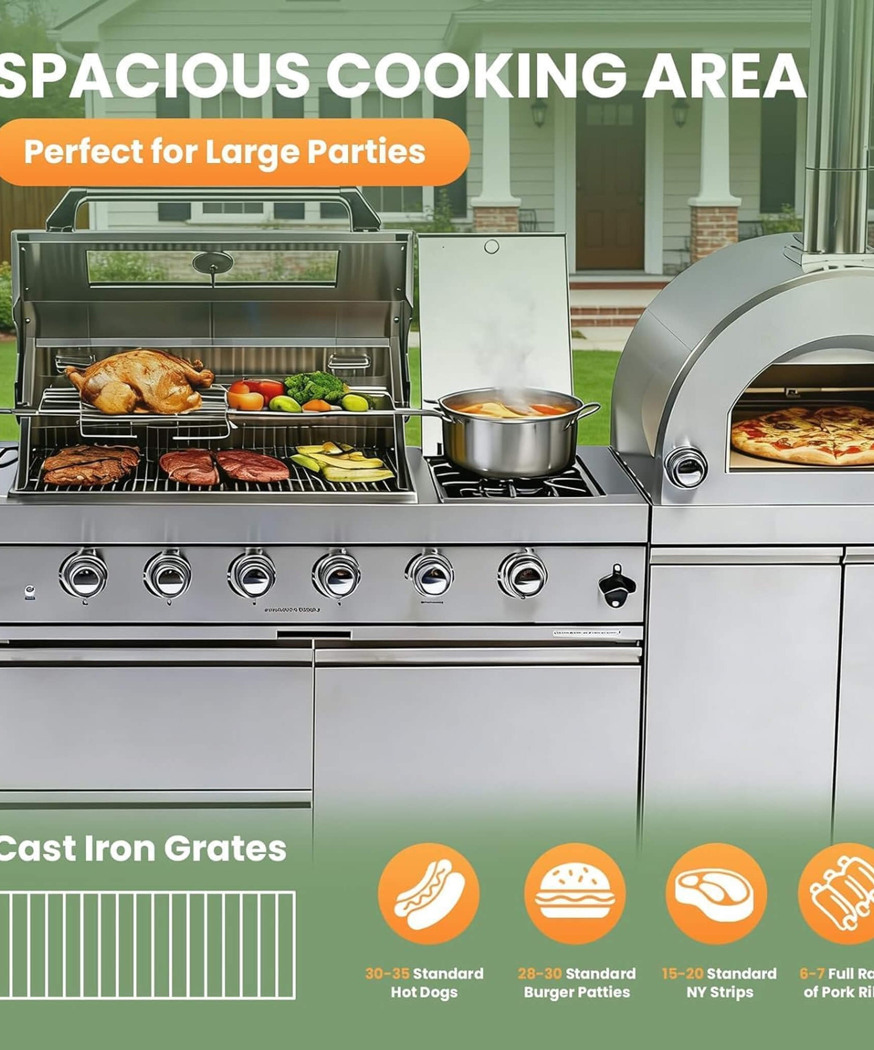 Blazon 112-Inch 4-Burner 108K BTU Outdoor Kitchen Island W/ Pizza Oven, Rotisserie, Refrigerator, Granite Countertop, Storage Cabinets, And Drawers (SAK94565)