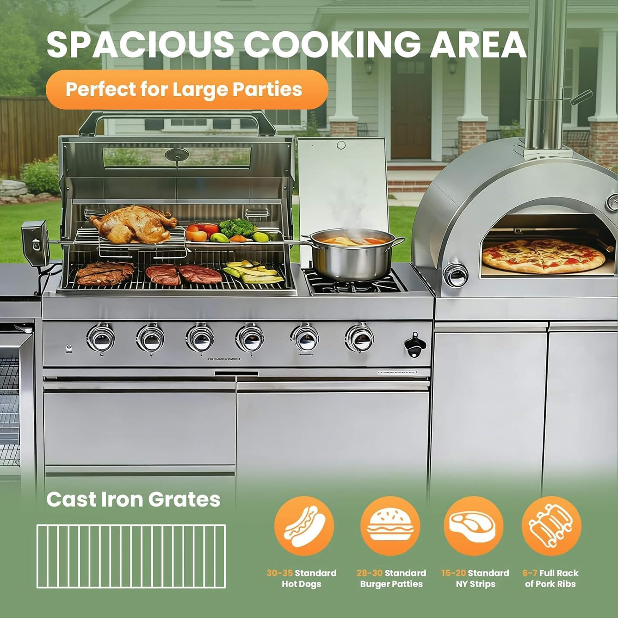 Blazon 112-Inch 4-Burner 108K BTU Outdoor Kitchen Island W/ Pizza Oven, Rotisserie, Refrigerator, Granite Countertop, Storage Cabinets, And Drawers (SAK94565)
