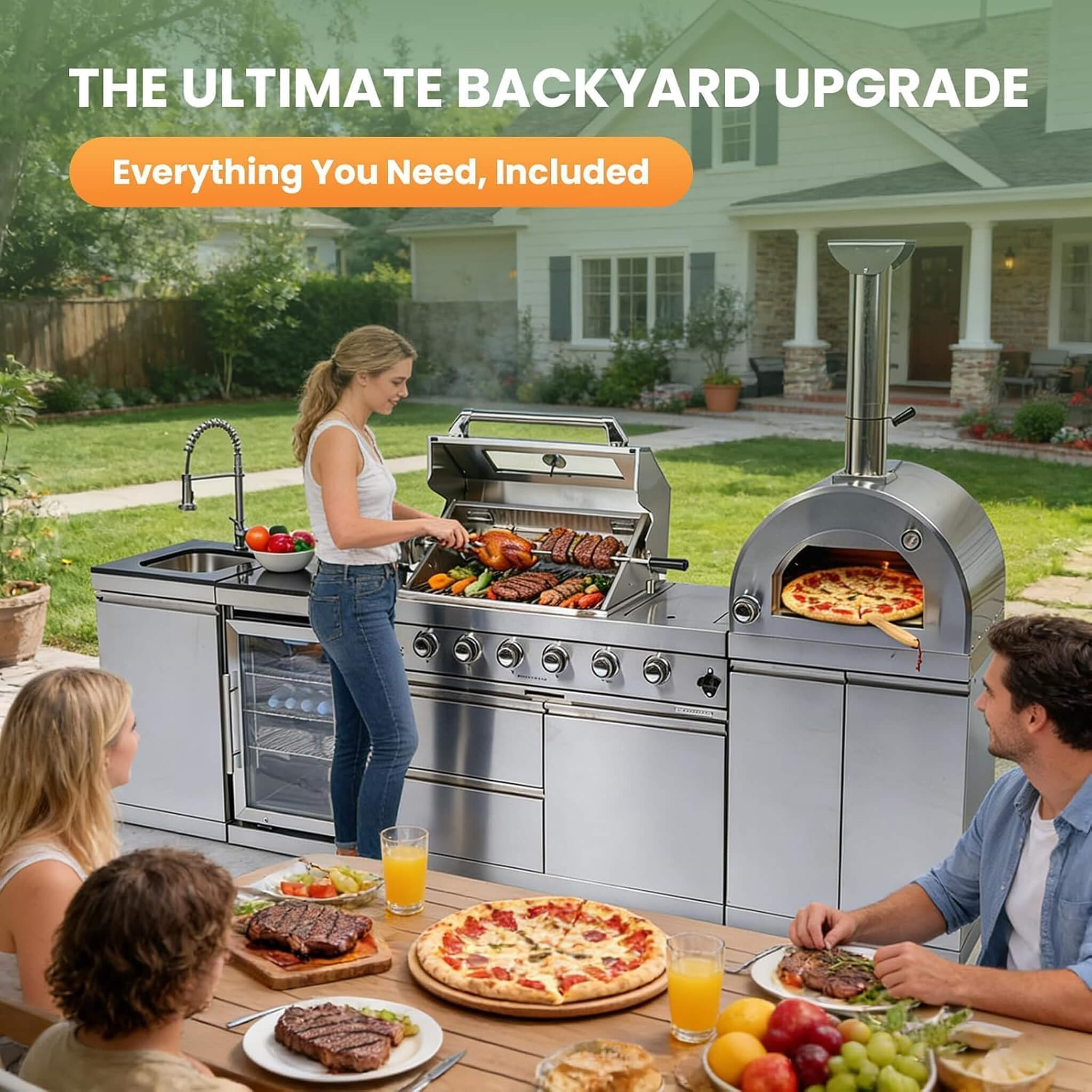 Blazon 112-Inch 4-Burner 108K BTU Outdoor Kitchen Island W/ Pizza Oven, Rotisserie, Refrigerator, Granite Countertop, Storage Cabinets, And Drawers (SAK94565)