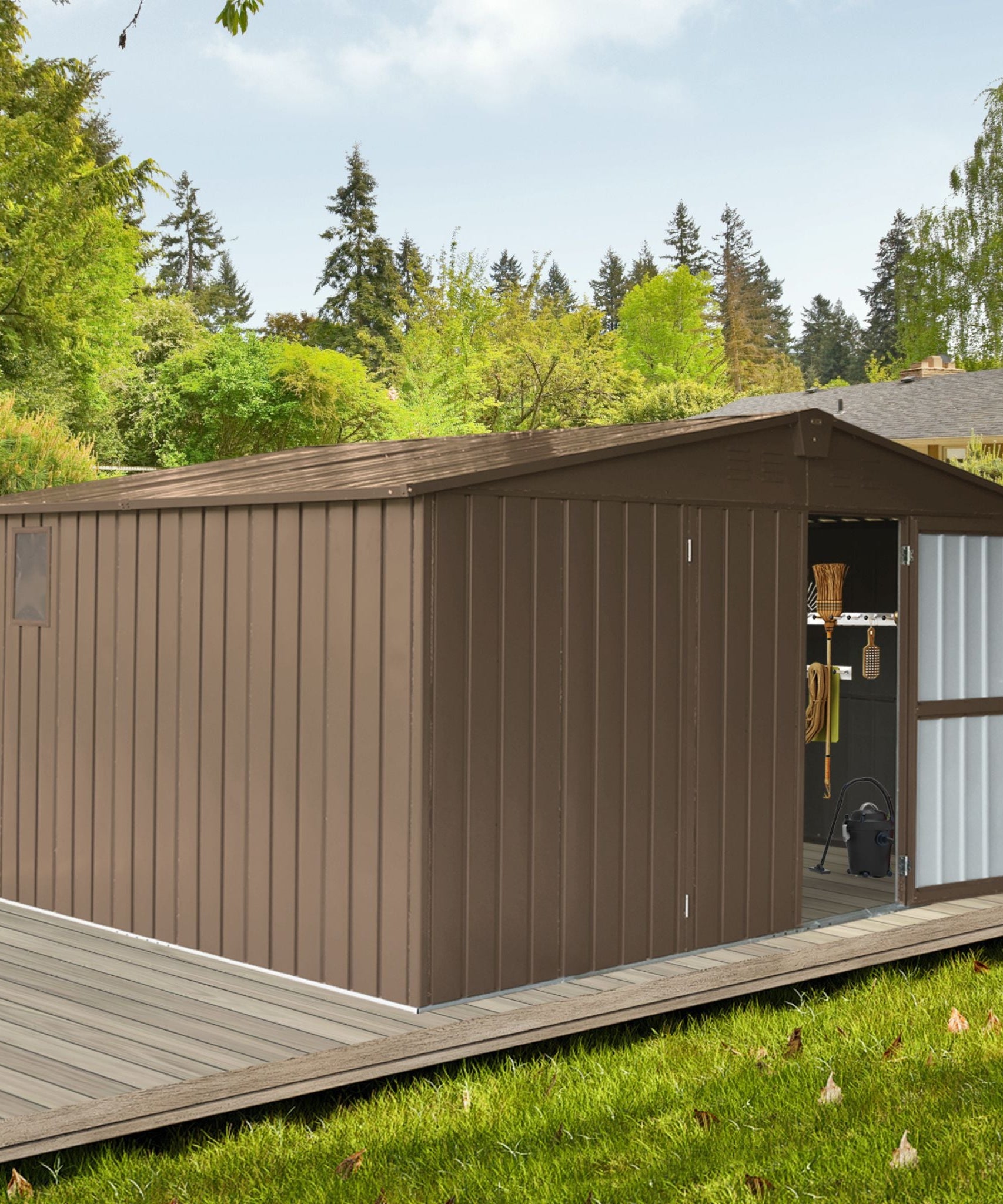 [11X12FT] Alora Outdoor Backyard Storage Metal Shed With Galvanized Steel Frame, Windows, And Lockable Doors (SAK60167)