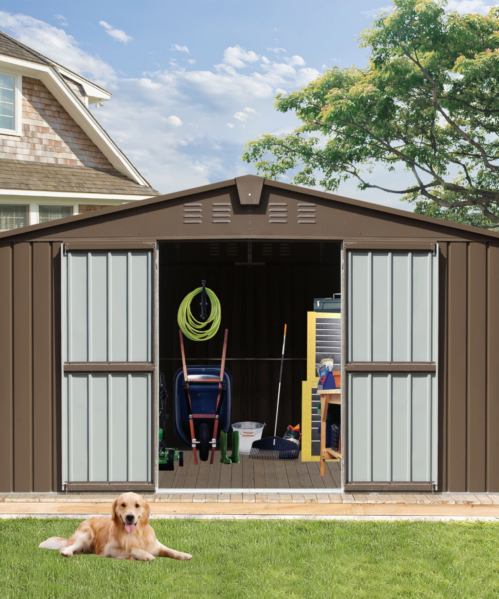 [11X12FT] Alora Outdoor Backyard Storage Metal Shed With Galvanized Steel Frame, Windows, And Lockable Doors (SAK60167)