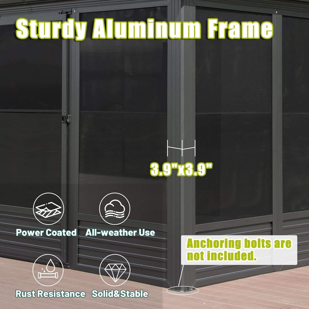 [11X14FT] Alora Meridian Premium Four Season Outdoor Aluminum Hardtop Gazebo Sunroom With Galvanized Steel Roof, Sliding Doors And Movable PVC Screen Walls (SAK88776)