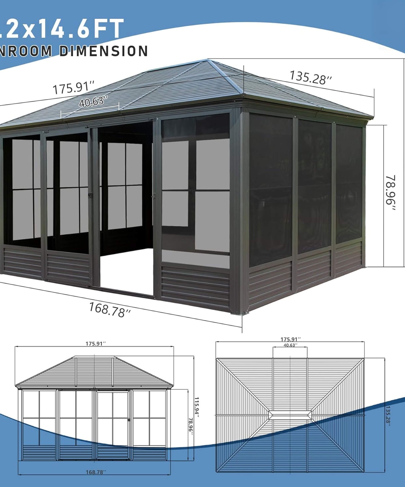 [11X14FT] Alora Meridian Premium Four Season Outdoor Aluminum Hardtop Gazebo Sunroom With Galvanized Steel Roof, Sliding Doors And Movable PVC Screen Walls (SAK88776)