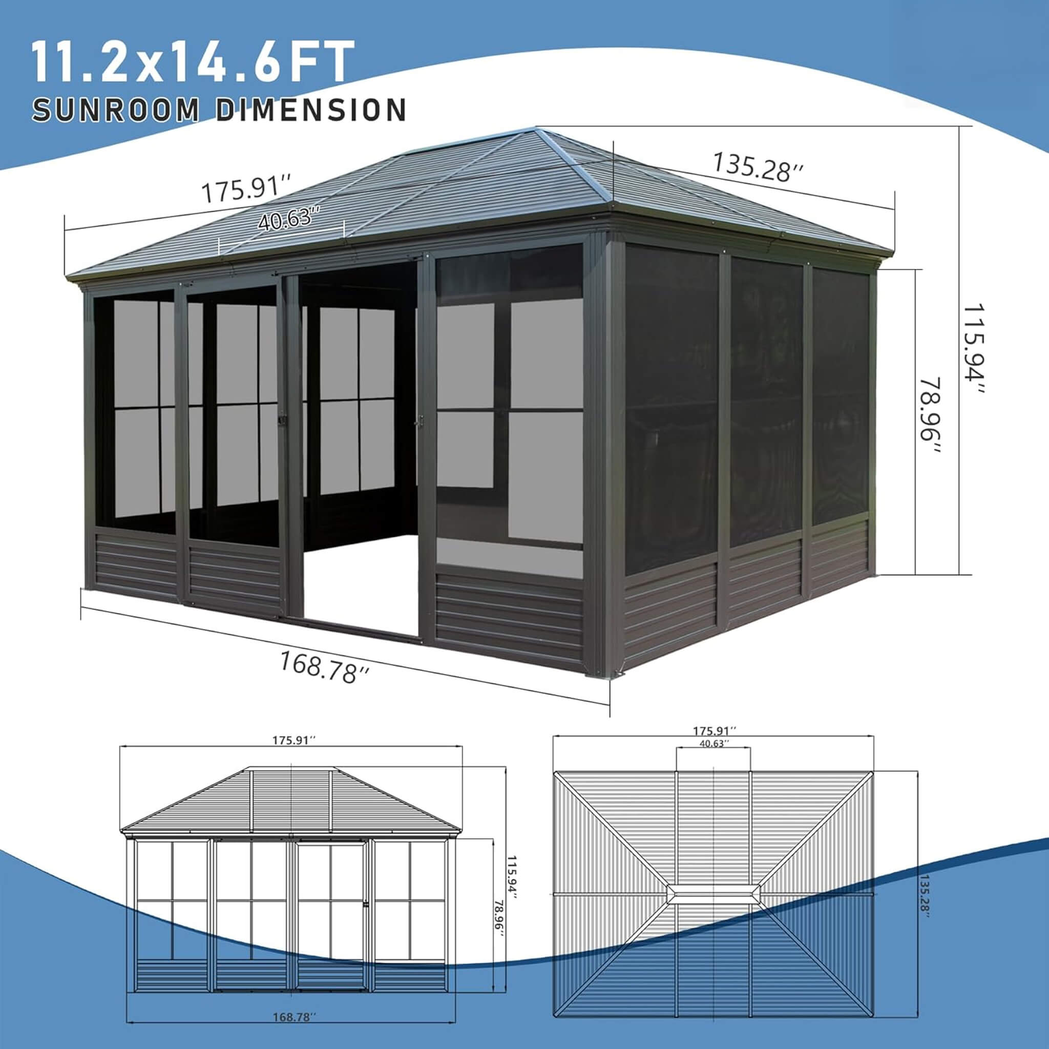[11X14FT] Alora Meridian Premium Four Season Outdoor Aluminum Hardtop Gazebo Sunroom With Galvanized Steel Roof, Sliding Doors And Movable PVC Screen Walls (SAK88776)