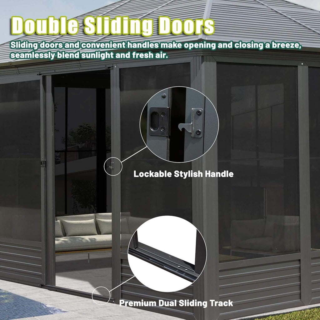 [11X14FT] Alora Meridian Premium Four Season Outdoor Aluminum Hardtop Gazebo Sunroom With Galvanized Steel Roof, Sliding Doors And Movable PVC Screen Walls (SAK88776)