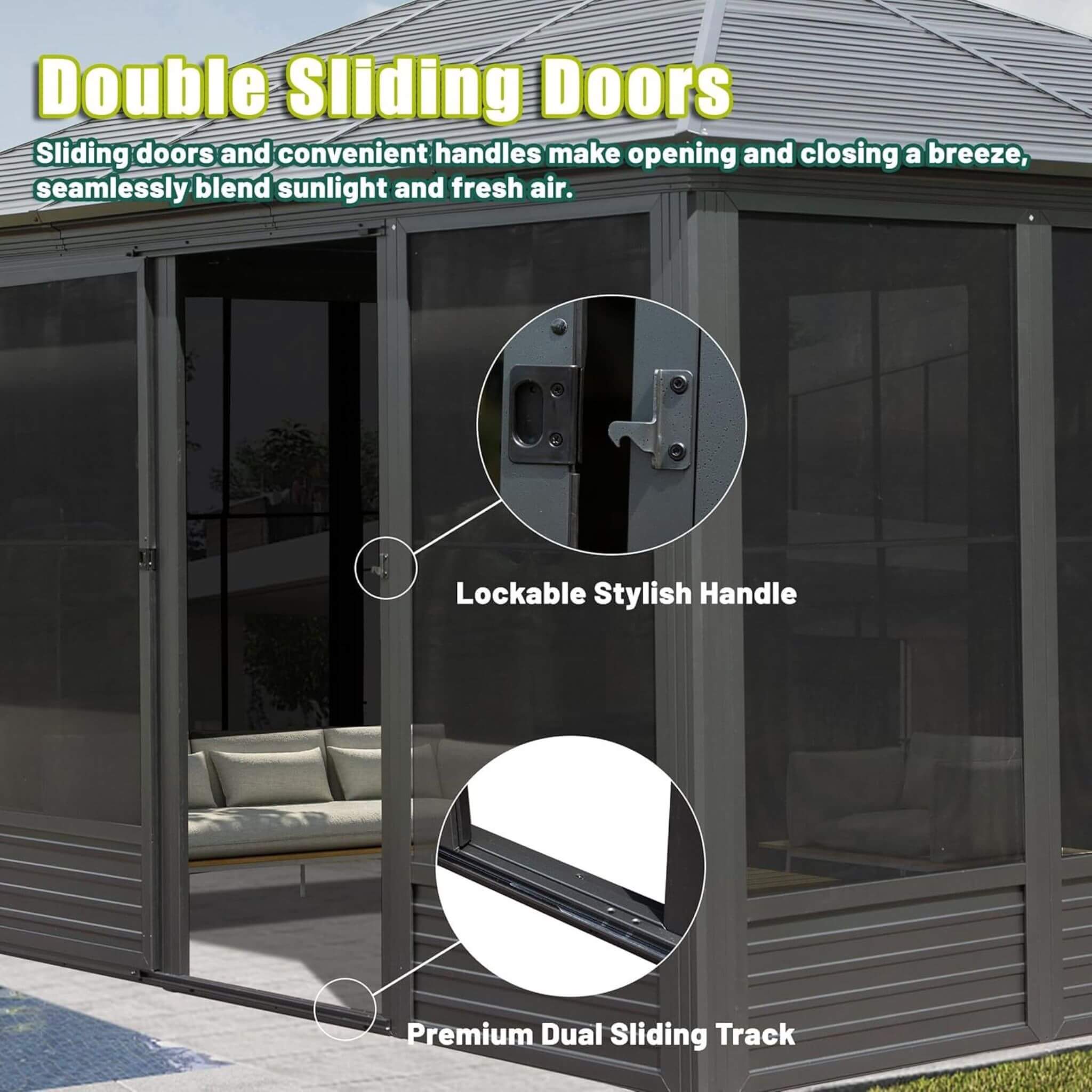 [11X14FT] Alora Meridian Premium Four Season Outdoor Aluminum Hardtop Gazebo Sunroom With Galvanized Steel Roof, Sliding Doors And Movable PVC Screen Walls (SAK88776)