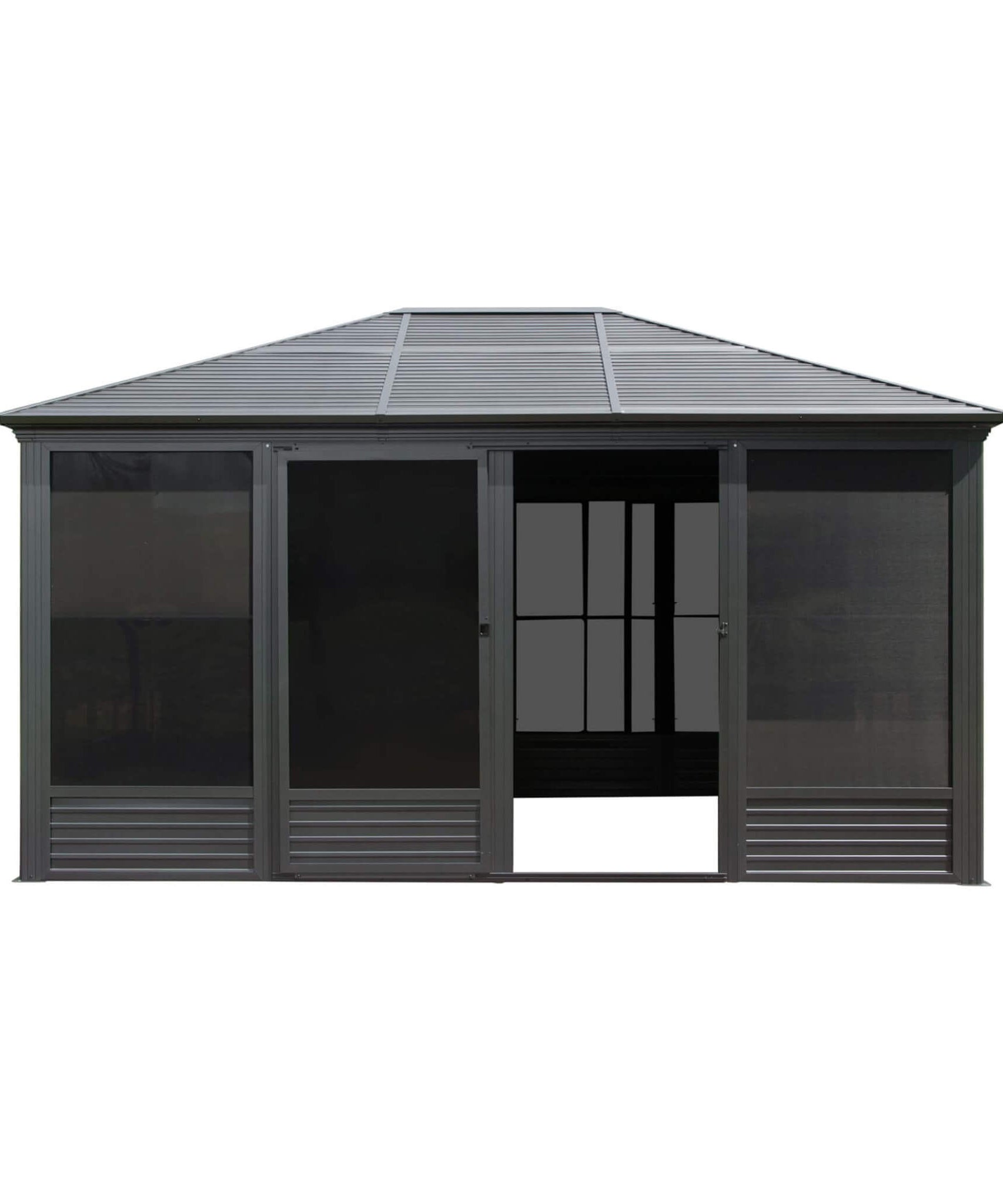 [11X14FT] Alora Meridian Premium Four Season Outdoor Aluminum Hardtop Gazebo Sunroom With Galvanized Steel Roof, Sliding Doors And Movable PVC Screen Walls (SAK88776)