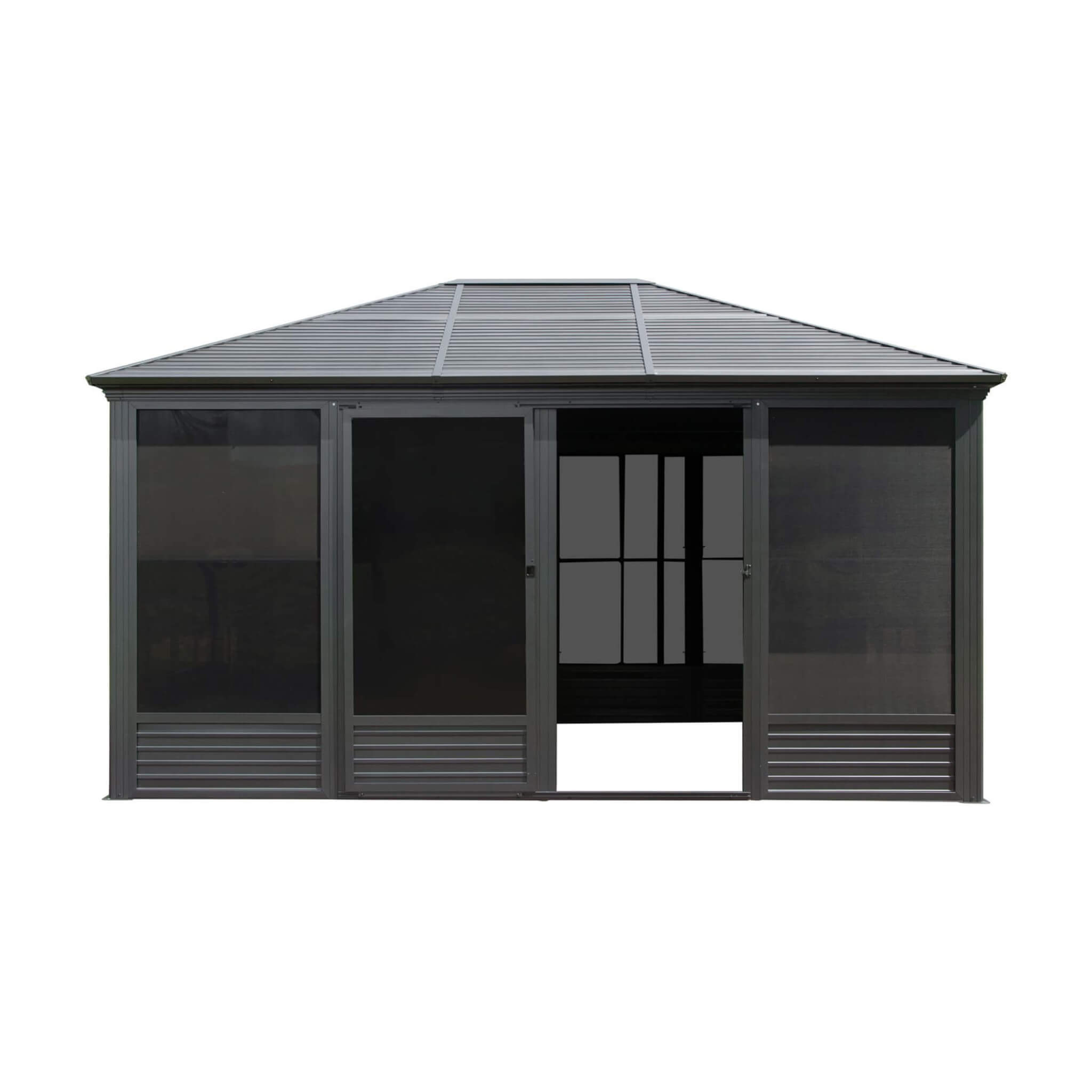 [11X14FT] Alora Meridian Premium Four Season Outdoor Aluminum Hardtop Gazebo Sunroom With Galvanized Steel Roof, Sliding Doors And Movable PVC Screen Walls (SAK88776)