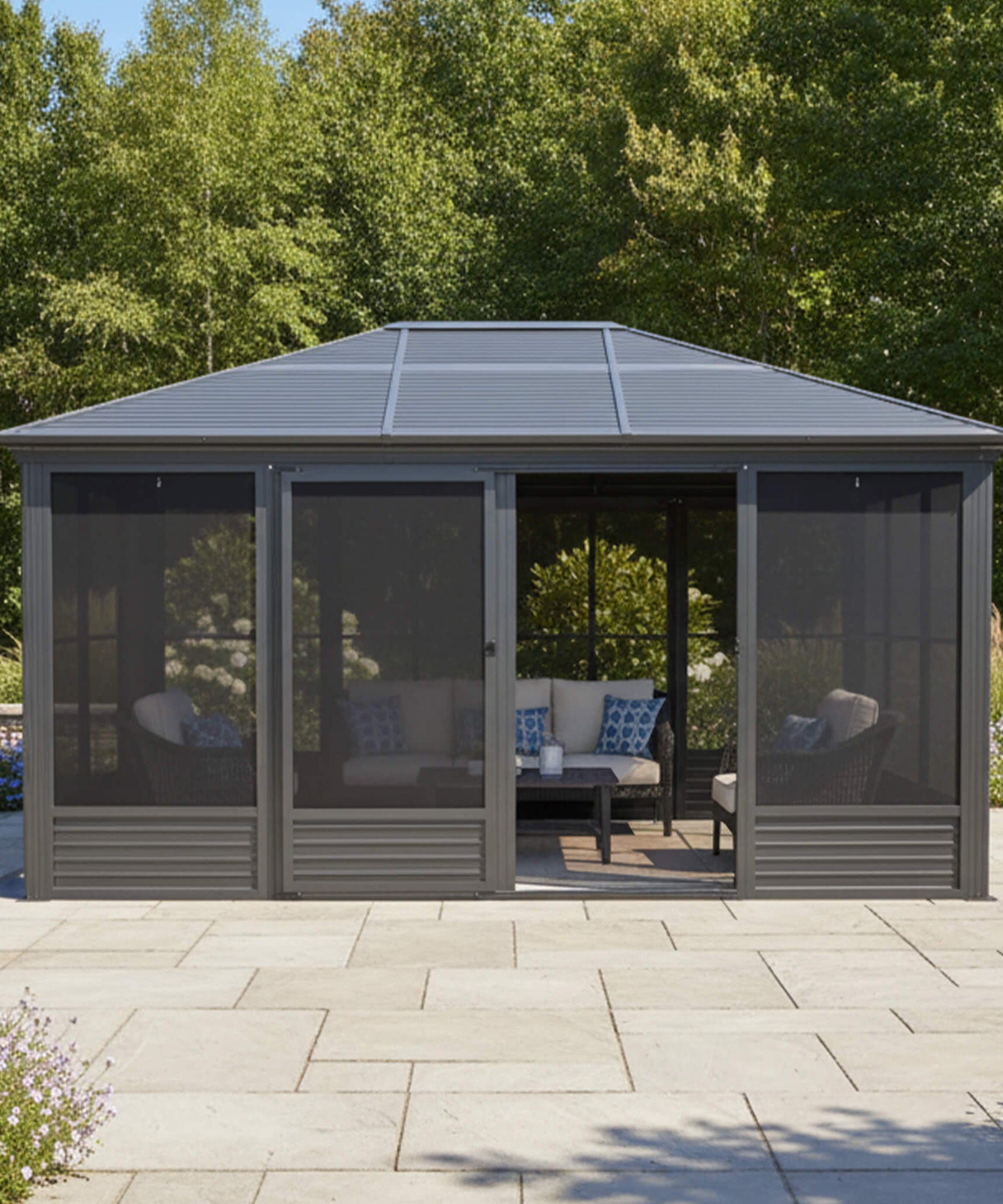 [11X14FT] Alora Meridian Premium Four Season Outdoor Aluminum Hardtop Gazebo Sunroom With Galvanized Steel Roof, Sliding Doors And Movable PVC Screen Walls (SAK88776)