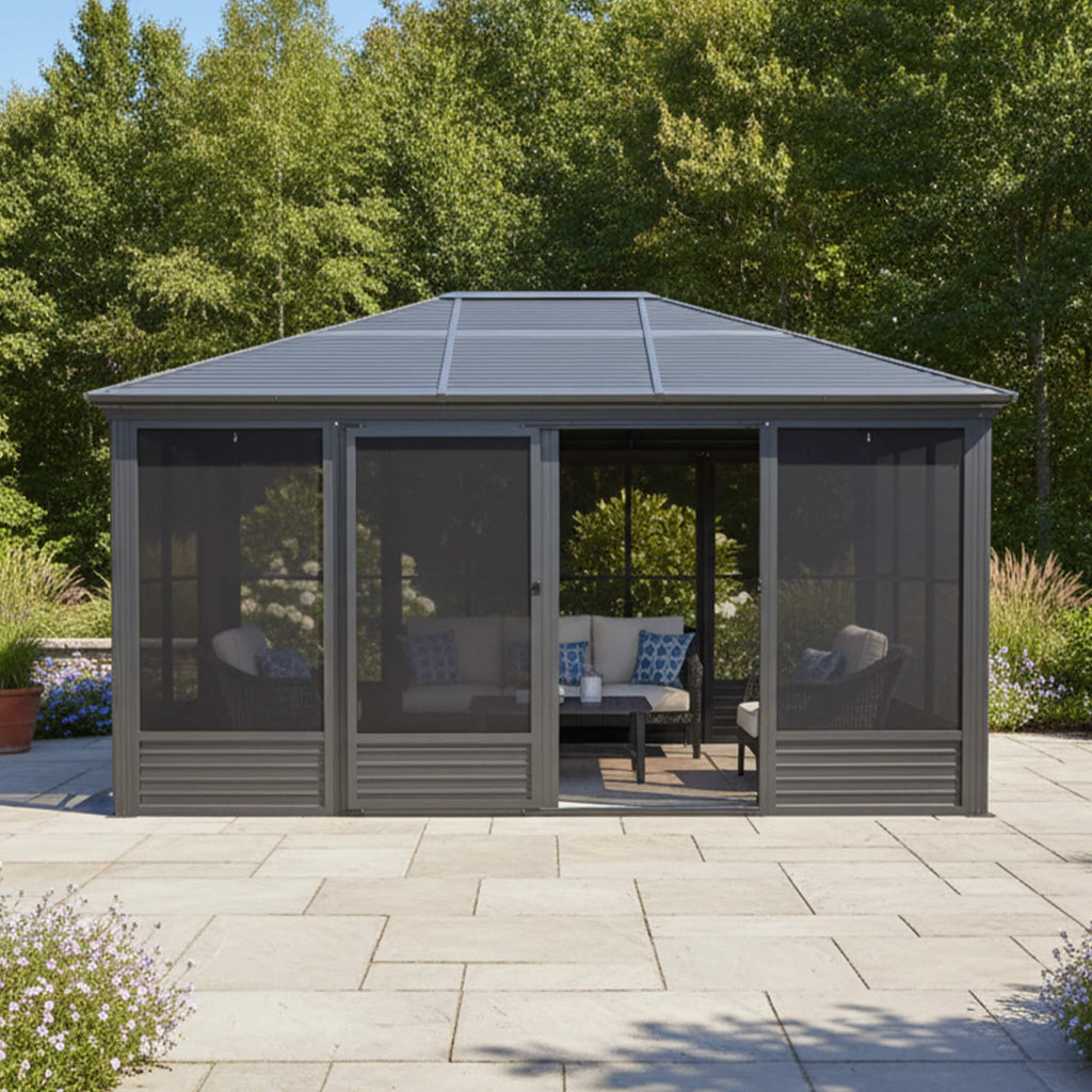 [11X14FT] Alora Meridian Premium Four Season Outdoor Aluminum Hardtop Gazebo Sunroom With Galvanized Steel Roof, Sliding Doors And Movable PVC Screen Walls (SAK88776)