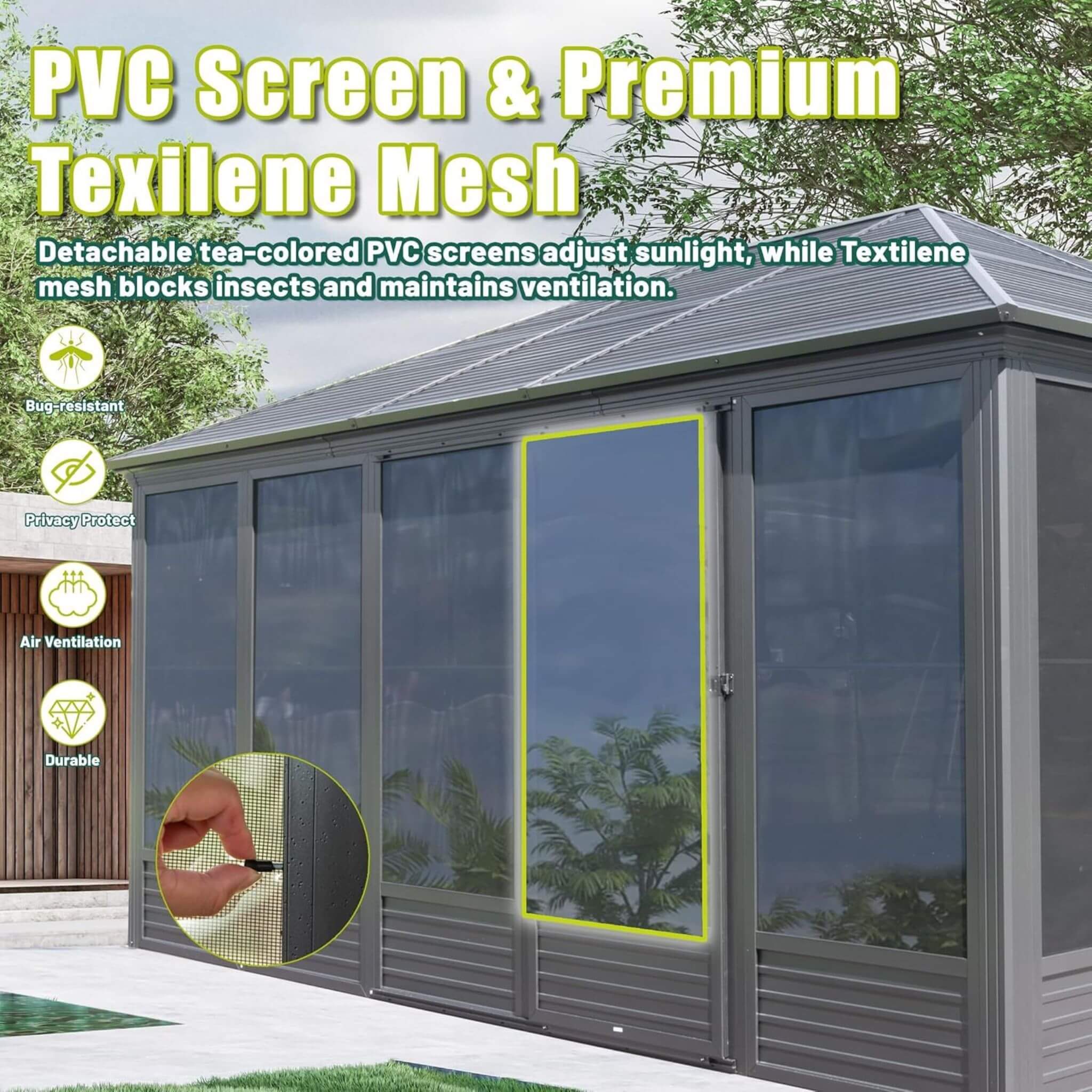 [11X14FT] Alora Meridian Premium Four Season Outdoor Aluminum Hardtop Gazebo Sunroom With Galvanized Steel Roof, Sliding Doors And Movable PVC Screen Walls (SAK88776)
