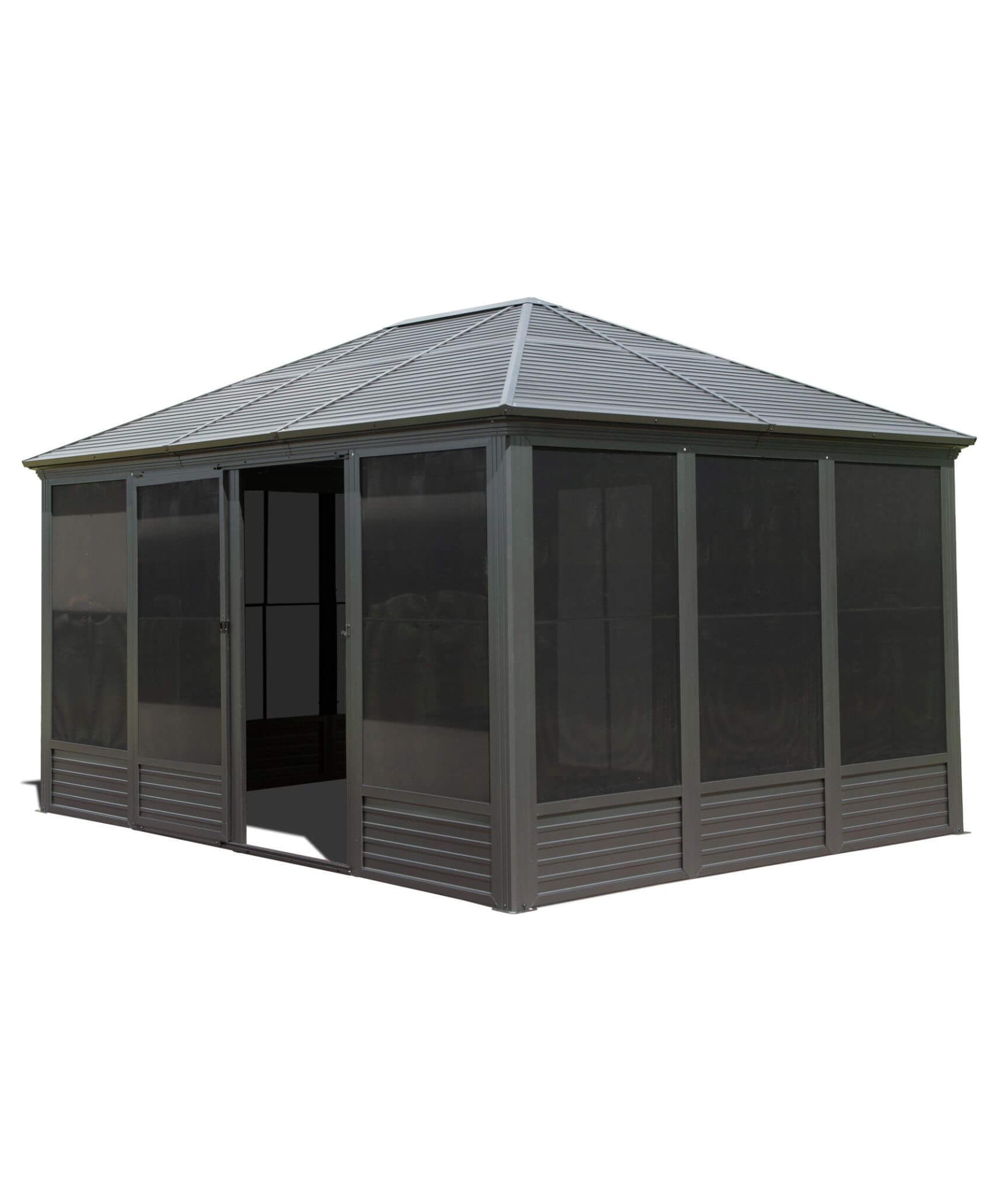[11X14FT] Alora Meridian Premium Four Season Outdoor Aluminum Hardtop Gazebo Sunroom With Galvanized Steel Roof, Sliding Doors And Movable PVC Screen Walls (SAK88776)