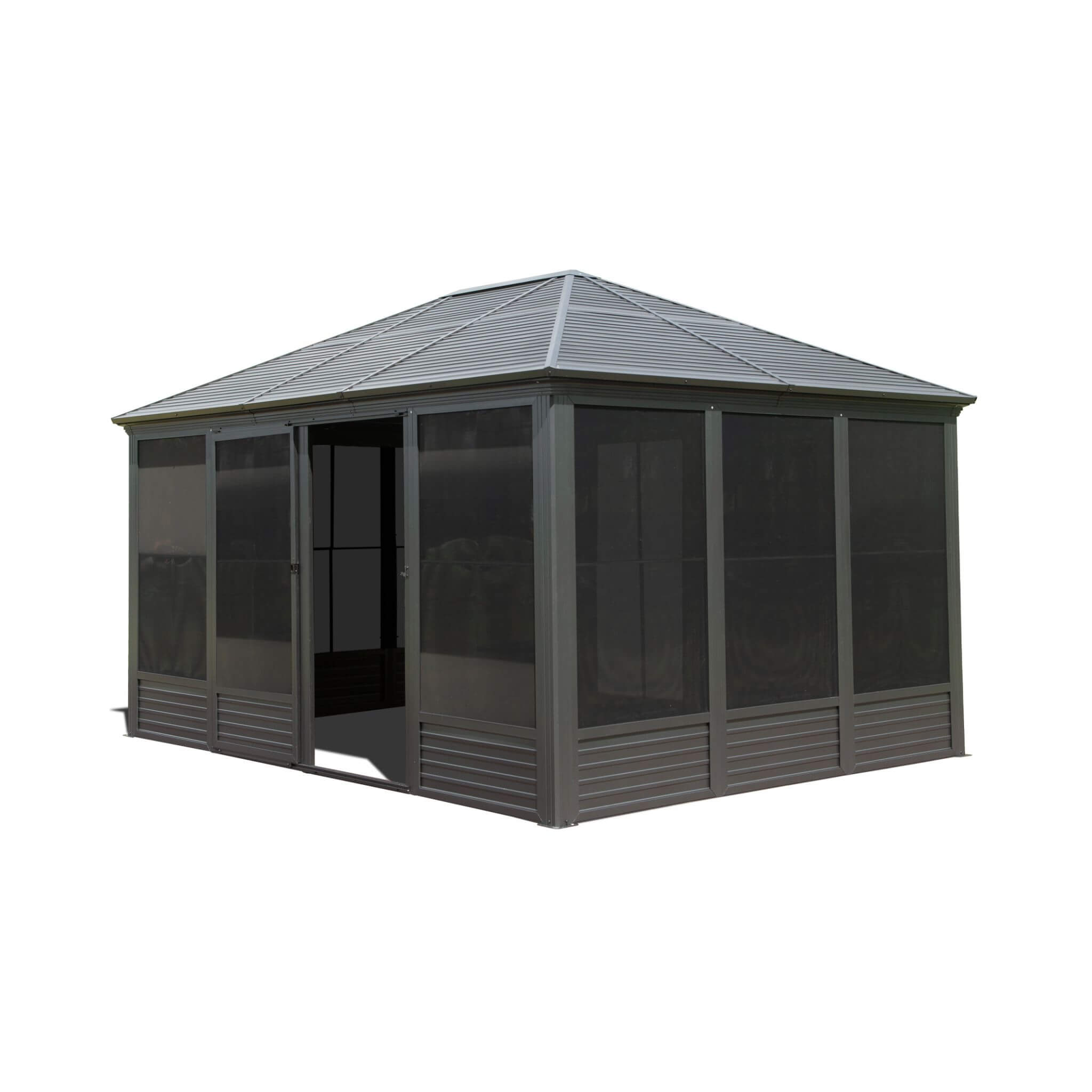 [11X14FT] Alora Meridian Premium Four Season Outdoor Aluminum Hardtop Gazebo Sunroom With Galvanized Steel Roof, Sliding Doors And Movable PVC Screen Walls (SAK88776)