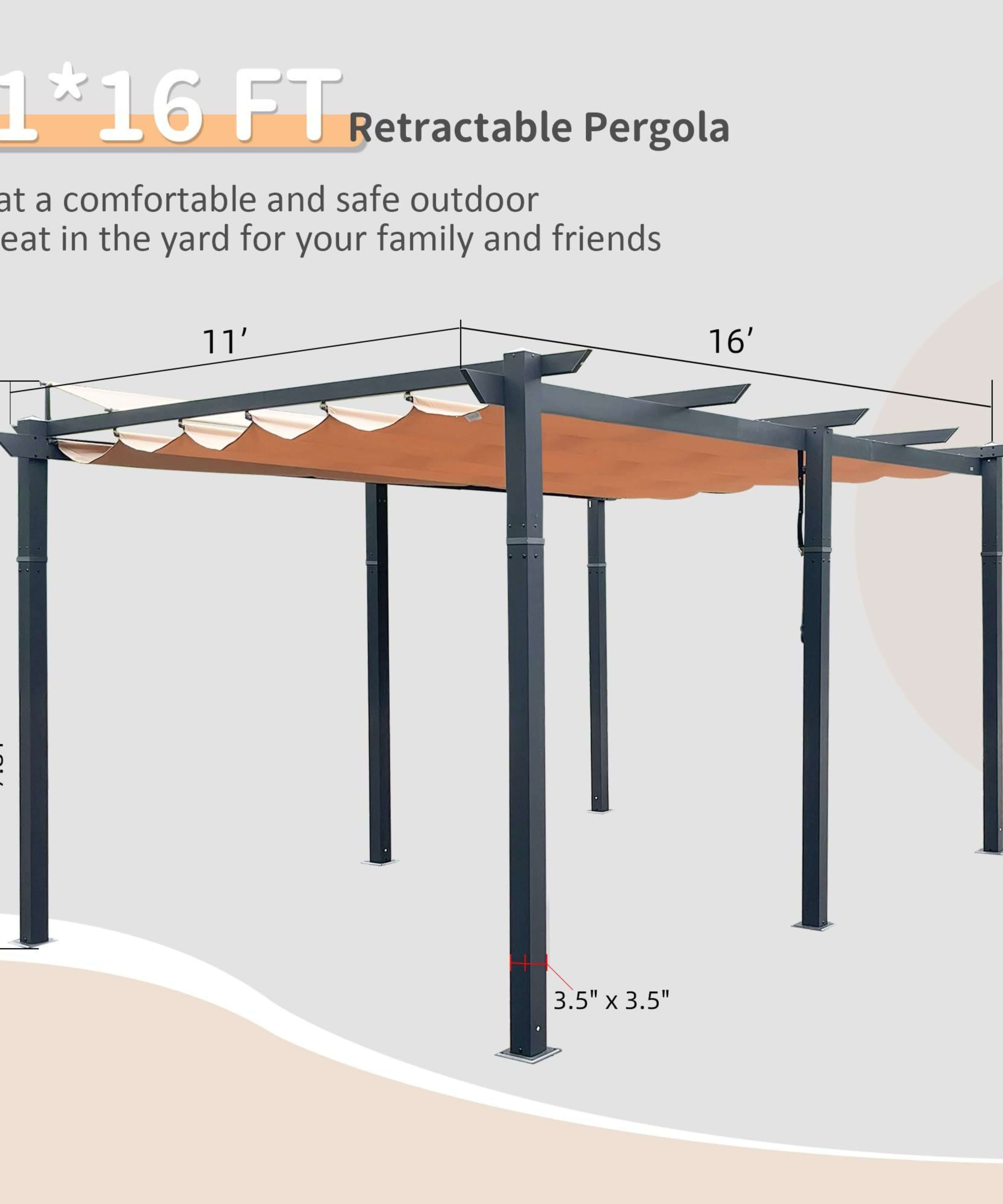 [11X16FT] Alora Heavy-Duty Outdoor Retractable Aluminum Pergola With Weather-Resistant Canopy (SAK91853)