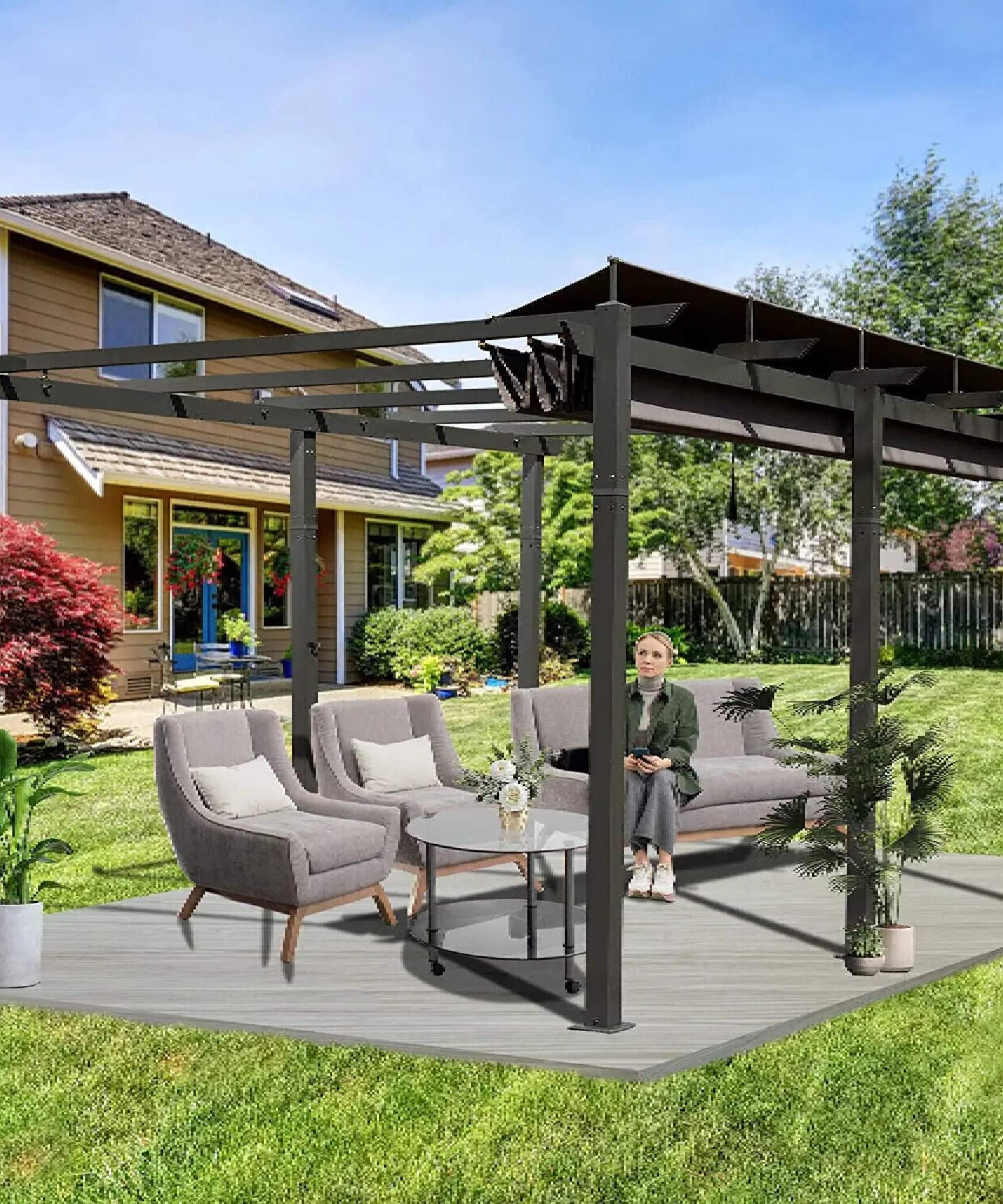 [11X16FT] Alora Outdoor Retractable Backyard Aluminum Metal Pergola With Roof (SAK16804)