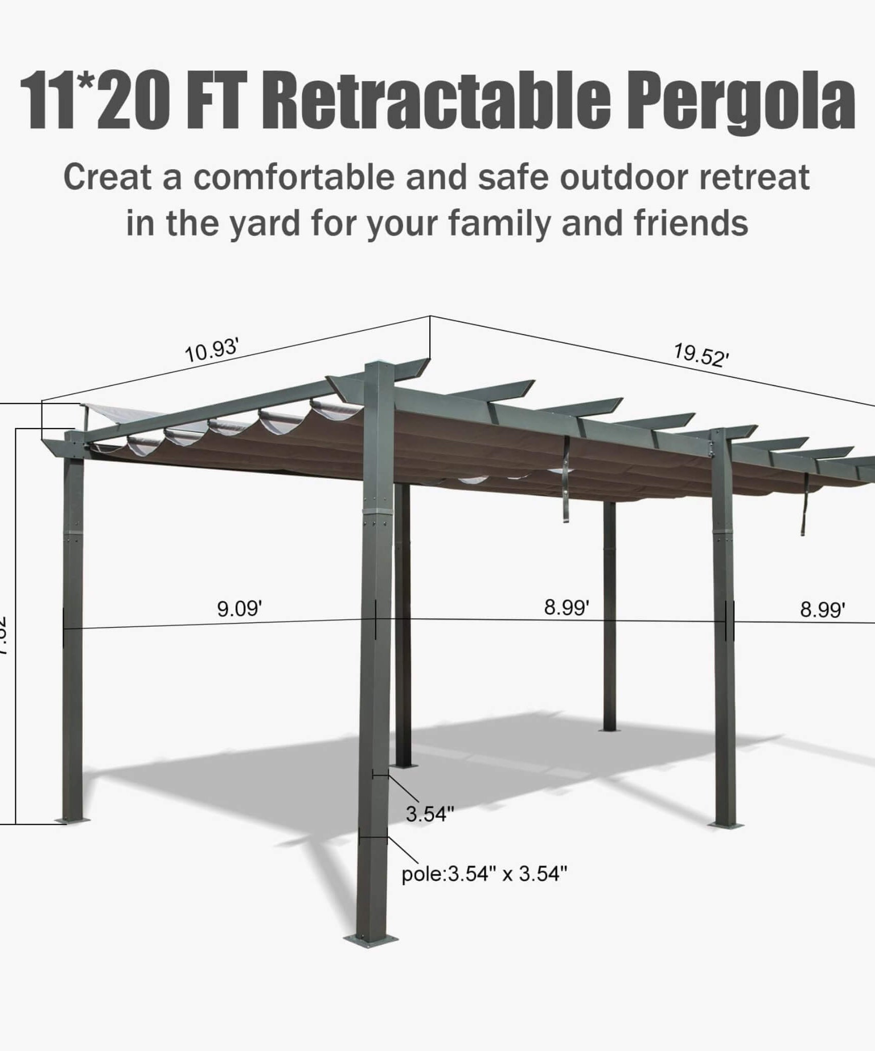 [11X20FT] Alora Premium Outdoor Retractable Aluminum Pergola With Weather-Resistant Canopy (SAK54612)