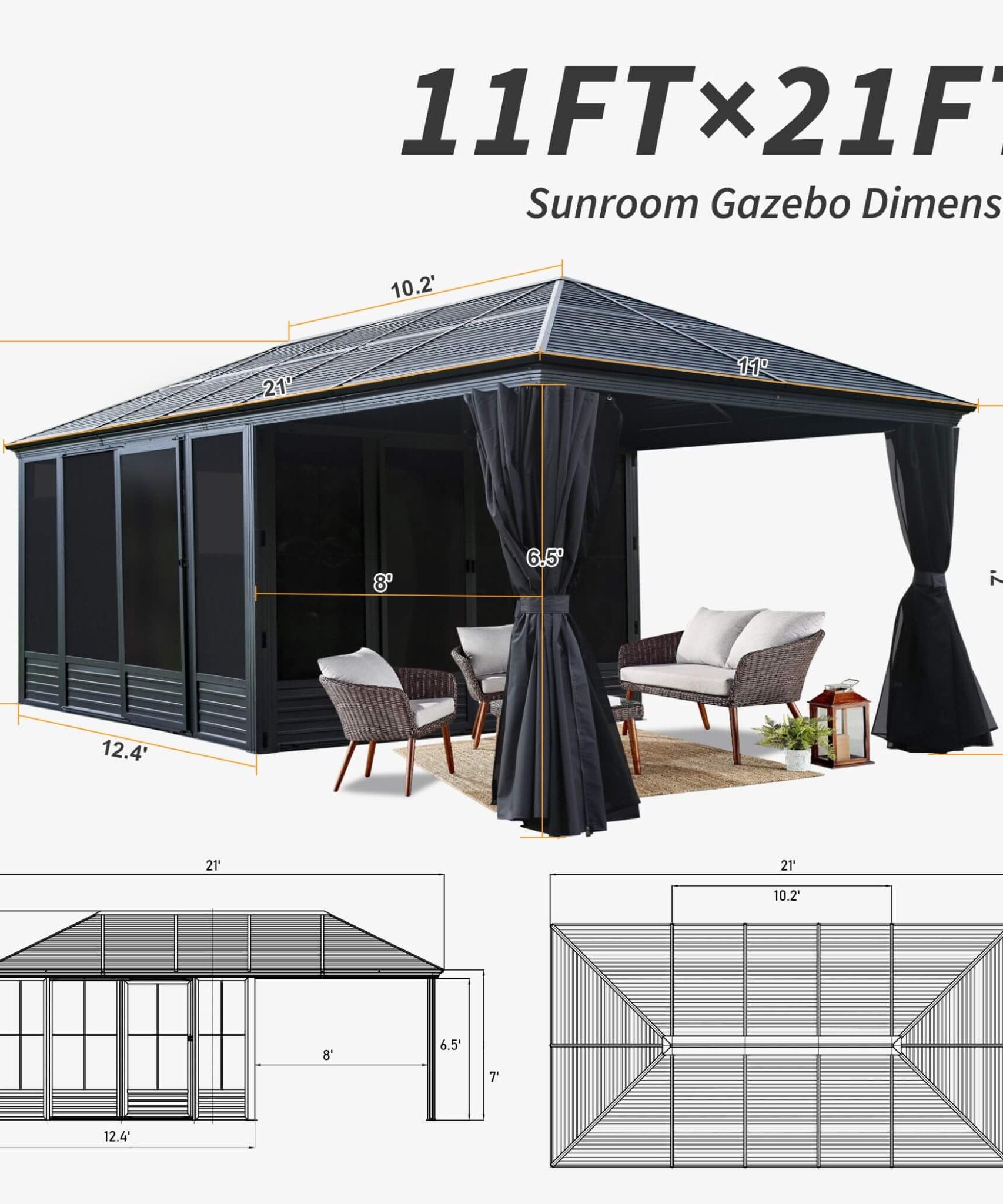 [11X21FT] Alora Outdoor All-Season Solarium Sunroom Gazebo With Galvanized Steel Roof (SAK42018)