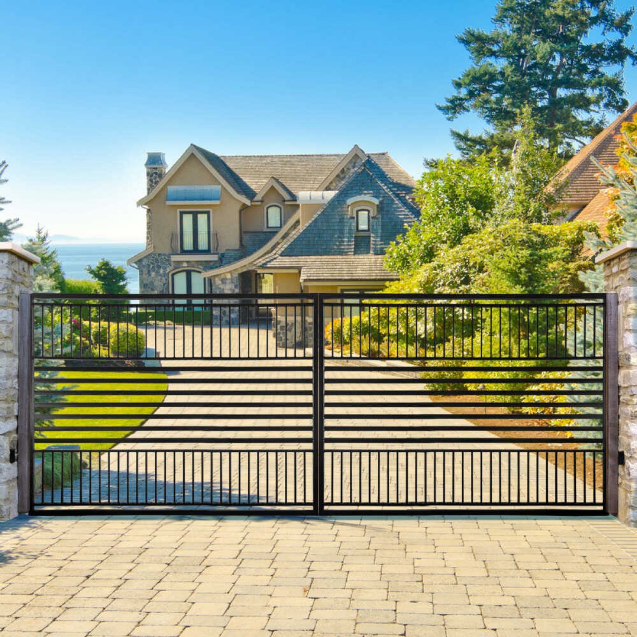 [12-18FT] Heavy-Duty Barcelona-Style Powder-Coated Steel Galvanized Dual Swing Driveway Gate (SAK25978)
