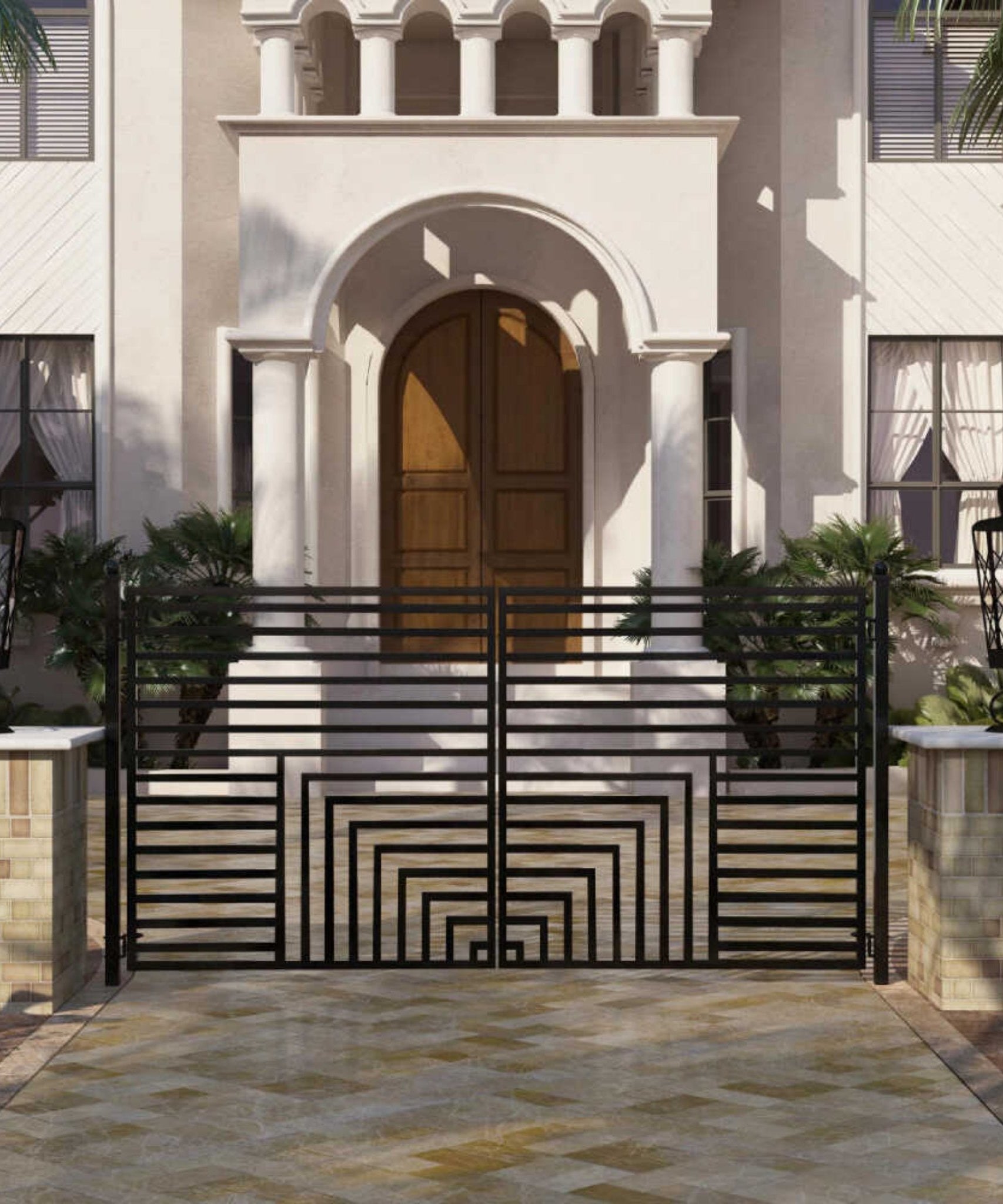 [12-18FT] Heavy-Duty Florence-Style Powder-Coated Galvanized Steel Dual-Swing Driveway Gate (SAK48168)