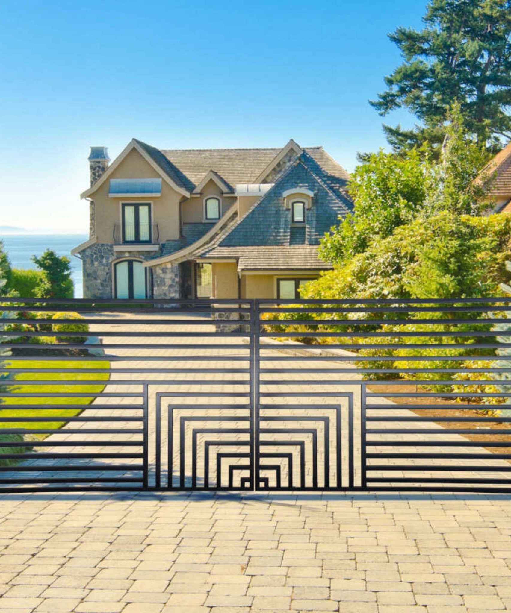 [12-18FT] Heavy-Duty Florence-Style Powder-Coated Galvanized Steel Dual-Swing Driveway Gate (SAK48168)