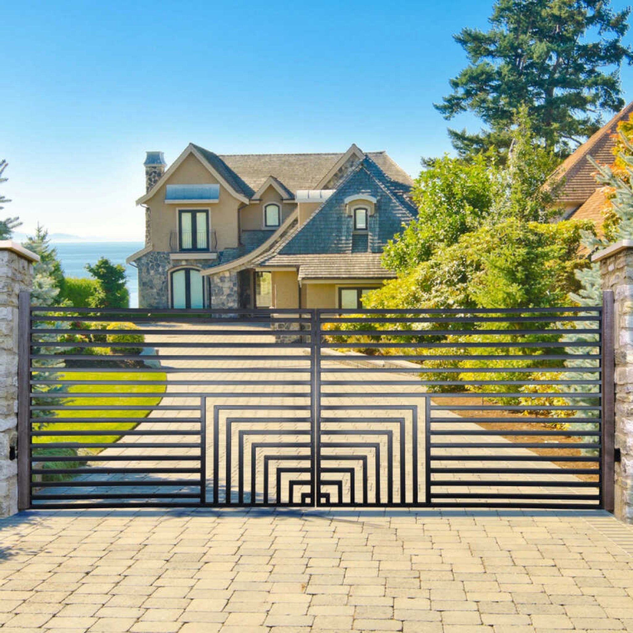 [12-18FT] Heavy-Duty Florence-Style Powder-Coated Galvanized Steel Dual-Swing Driveway Gate (SAK48168)