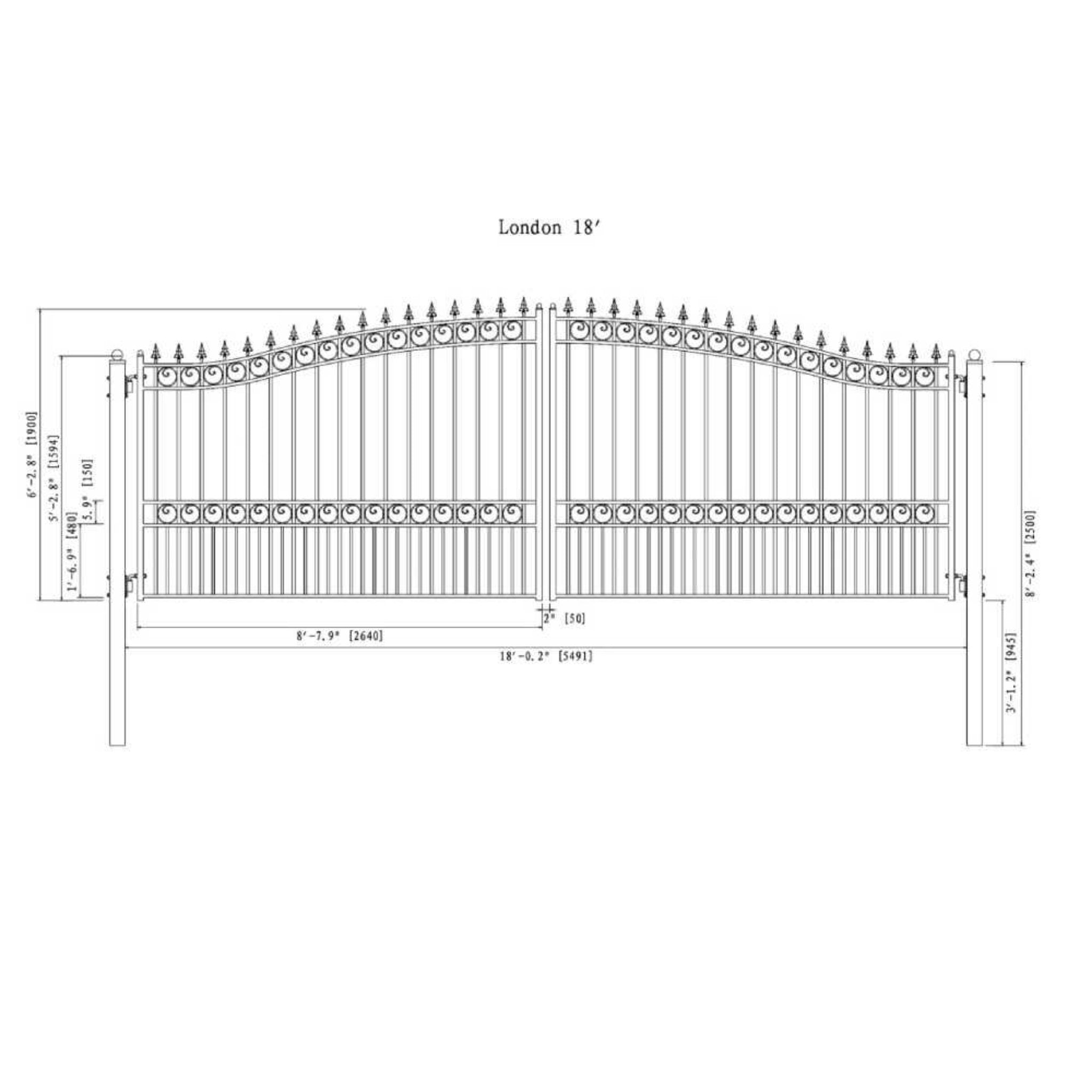 [12-18FT] Heavy-Duty London-Style Powder-Coated Galvanized Steel Dual-Swing Driveway Gate (SAK48520)