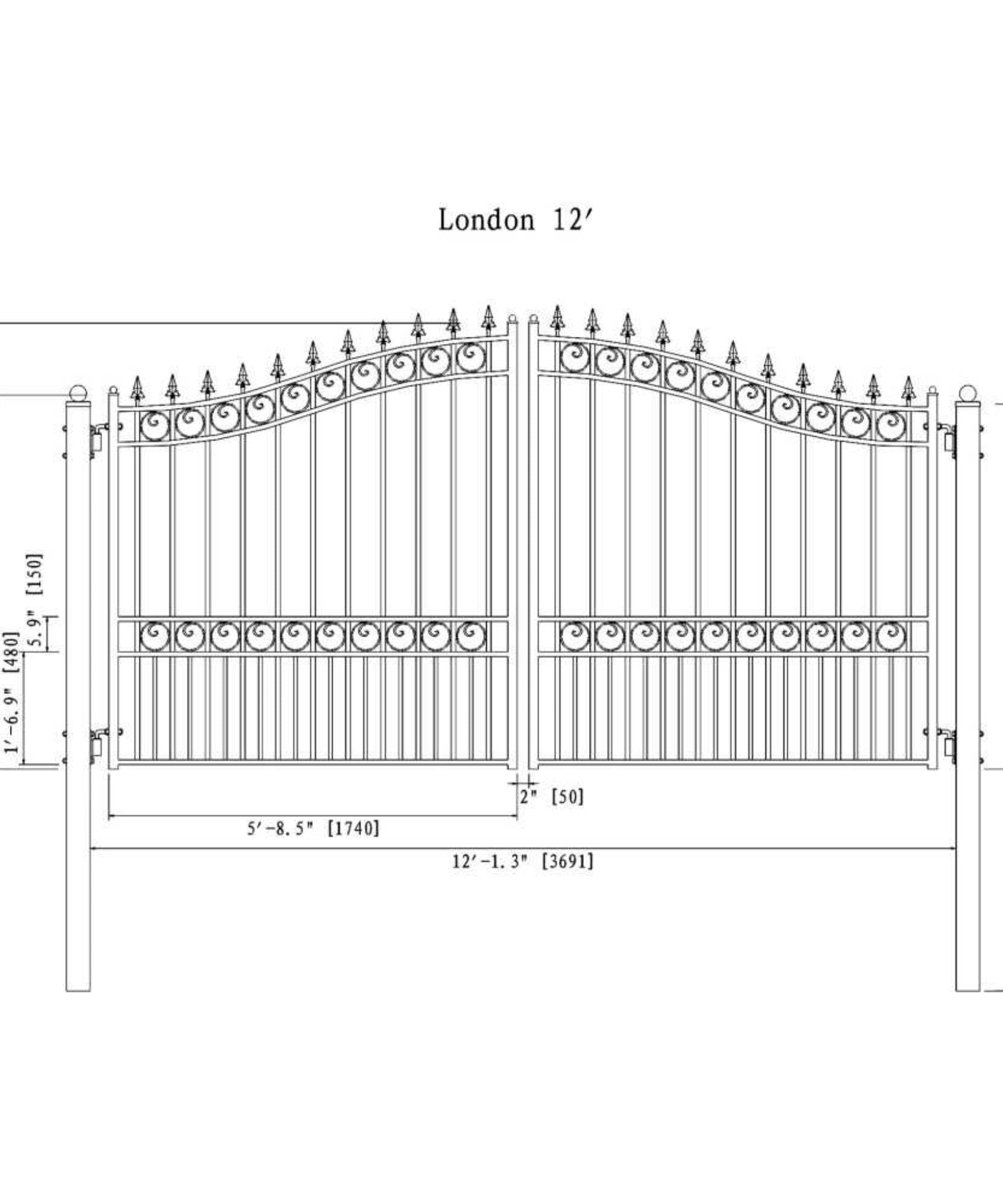 [12-18FT] Heavy-Duty London-Style Powder-Coated Galvanized Steel Dual-Swing Driveway Gate (SAK48520)