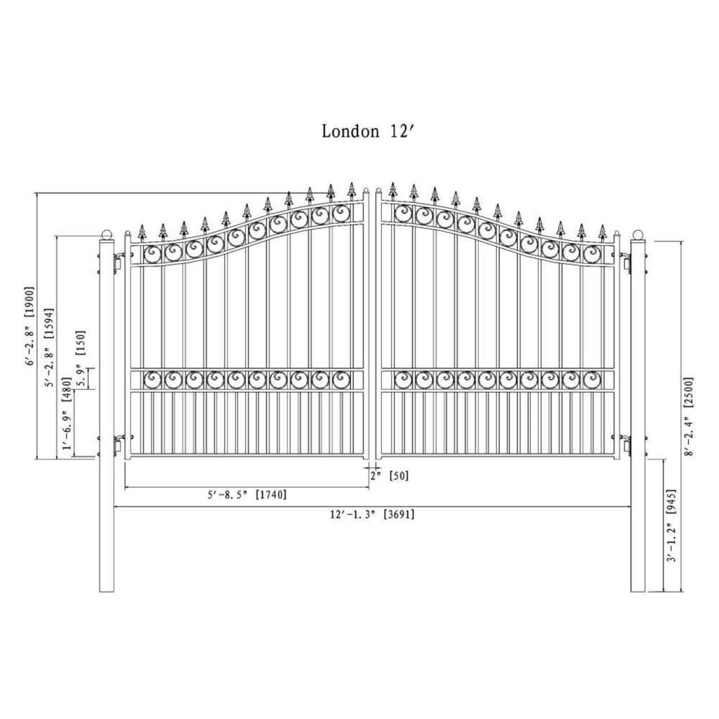 [12-18FT] Heavy-Duty London-Style Powder-Coated Galvanized Steel Dual-Swing Driveway Gate (SAK48520)