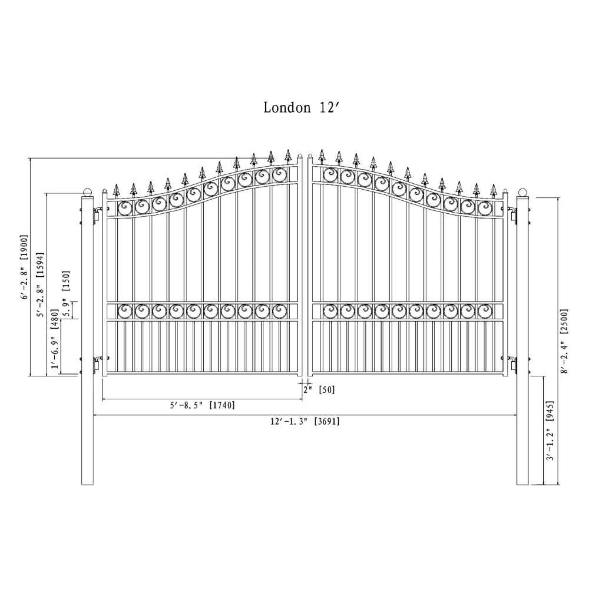 [12-18FT] Heavy-Duty London-Style Powder-Coated Galvanized Steel Dual-Swing Driveway Gate (SAK48520)
