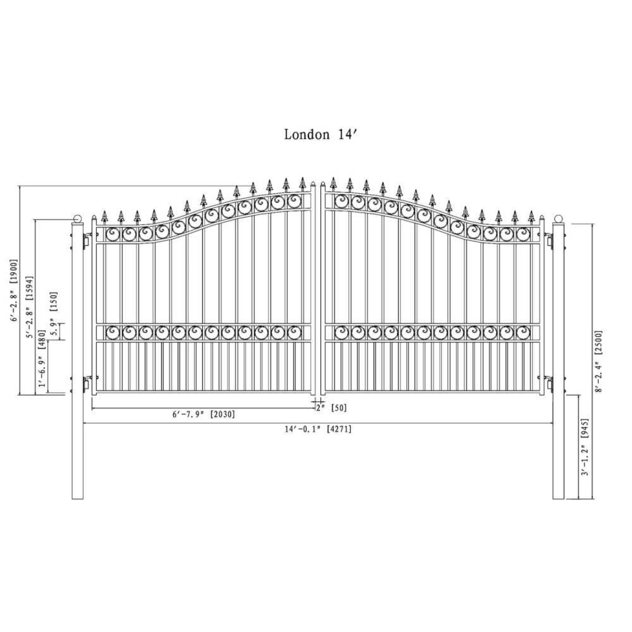 [12-18FT] Heavy-Duty London-Style Powder-Coated Galvanized Steel Dual-Swing Driveway Gate (SAK48520)