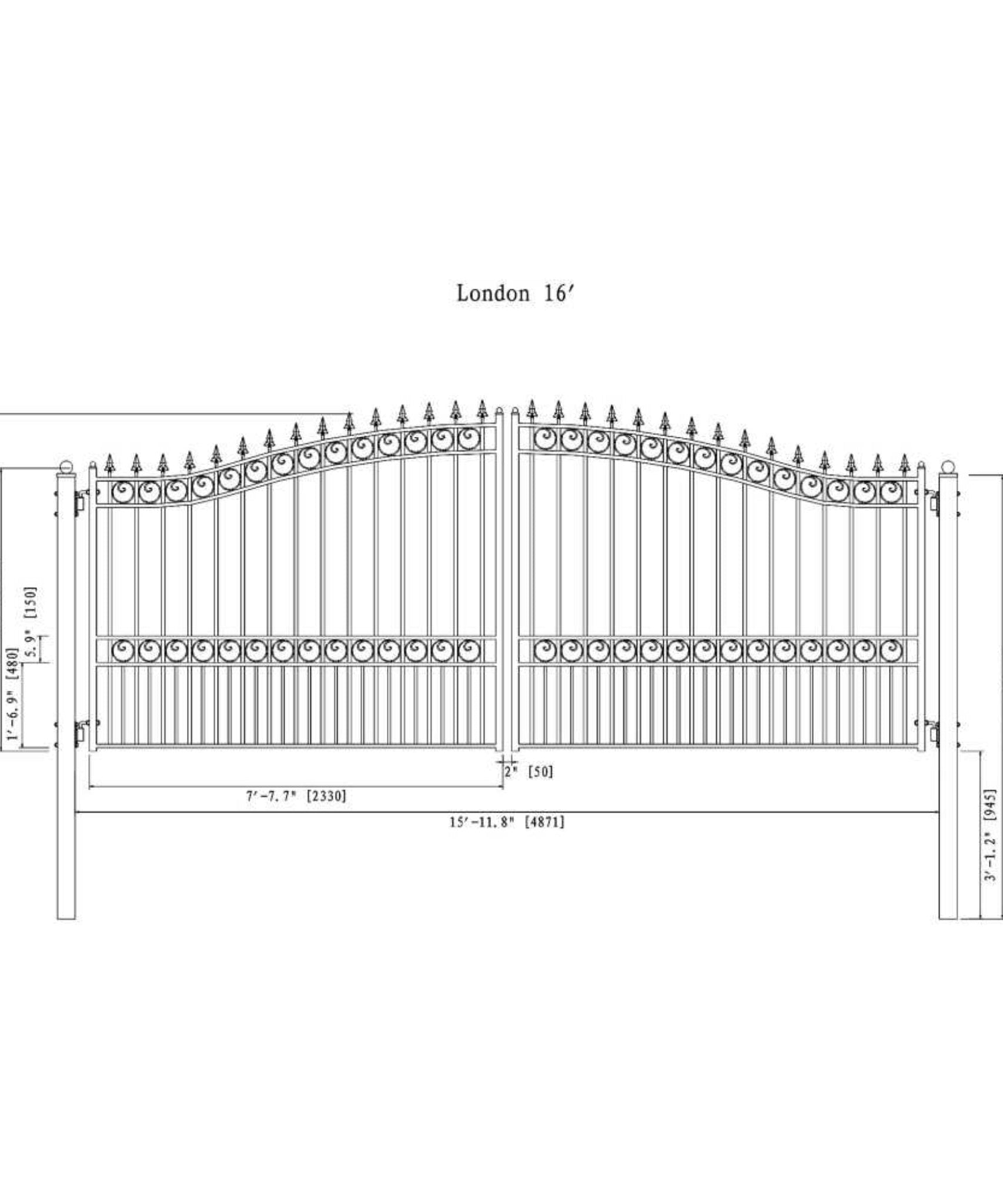 [12-18FT] Heavy-Duty London-Style Powder-Coated Galvanized Steel Dual-Swing Driveway Gate (SAK48520)