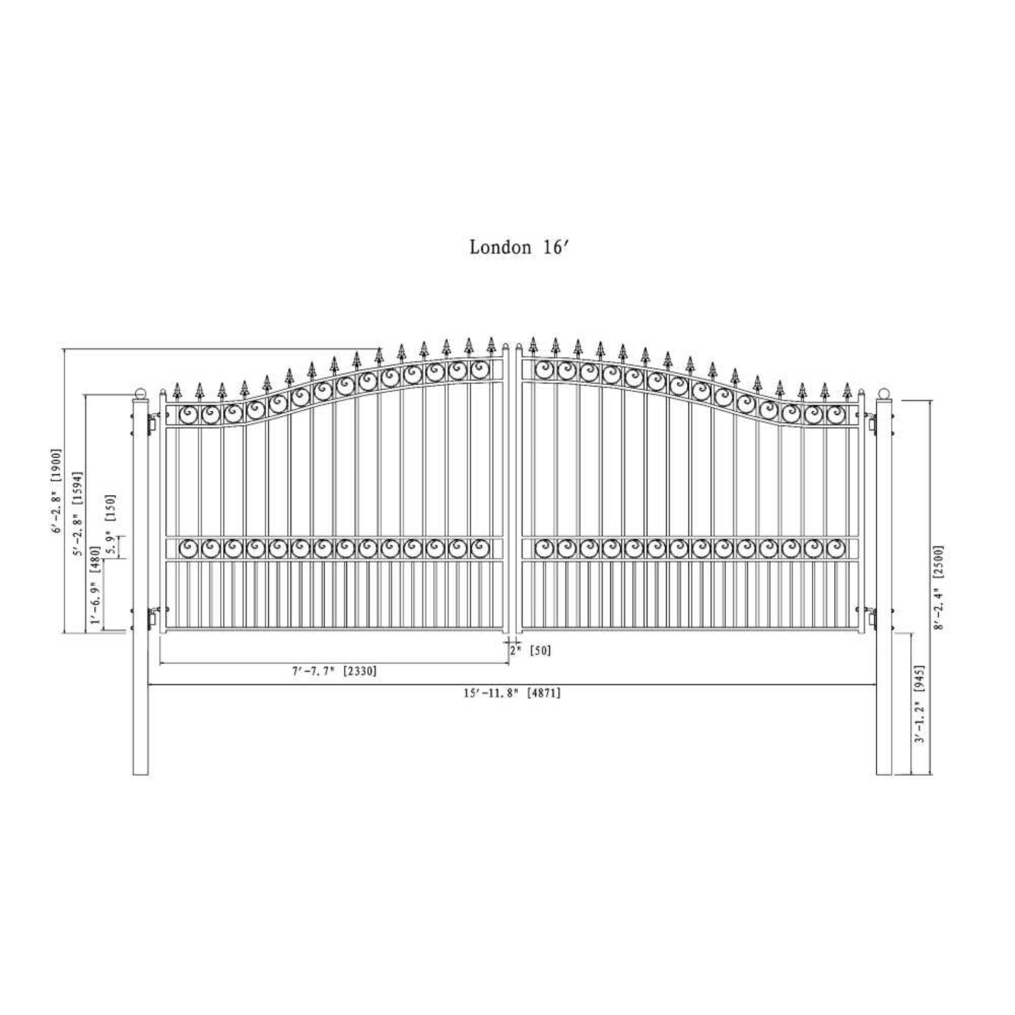 [12-18FT] Heavy-Duty London-Style Powder-Coated Galvanized Steel Dual-Swing Driveway Gate (SAK48520)