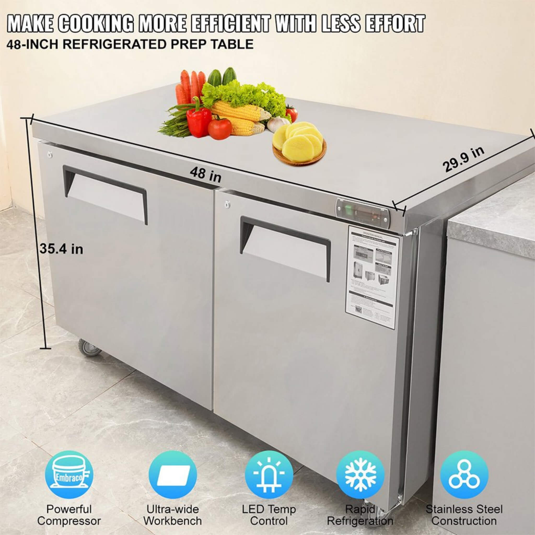12.9 Cu.Ft 2-Door 48-Inch Commercial Stainless Steel Worktop Undercounter Refrigerator (SAK26049)