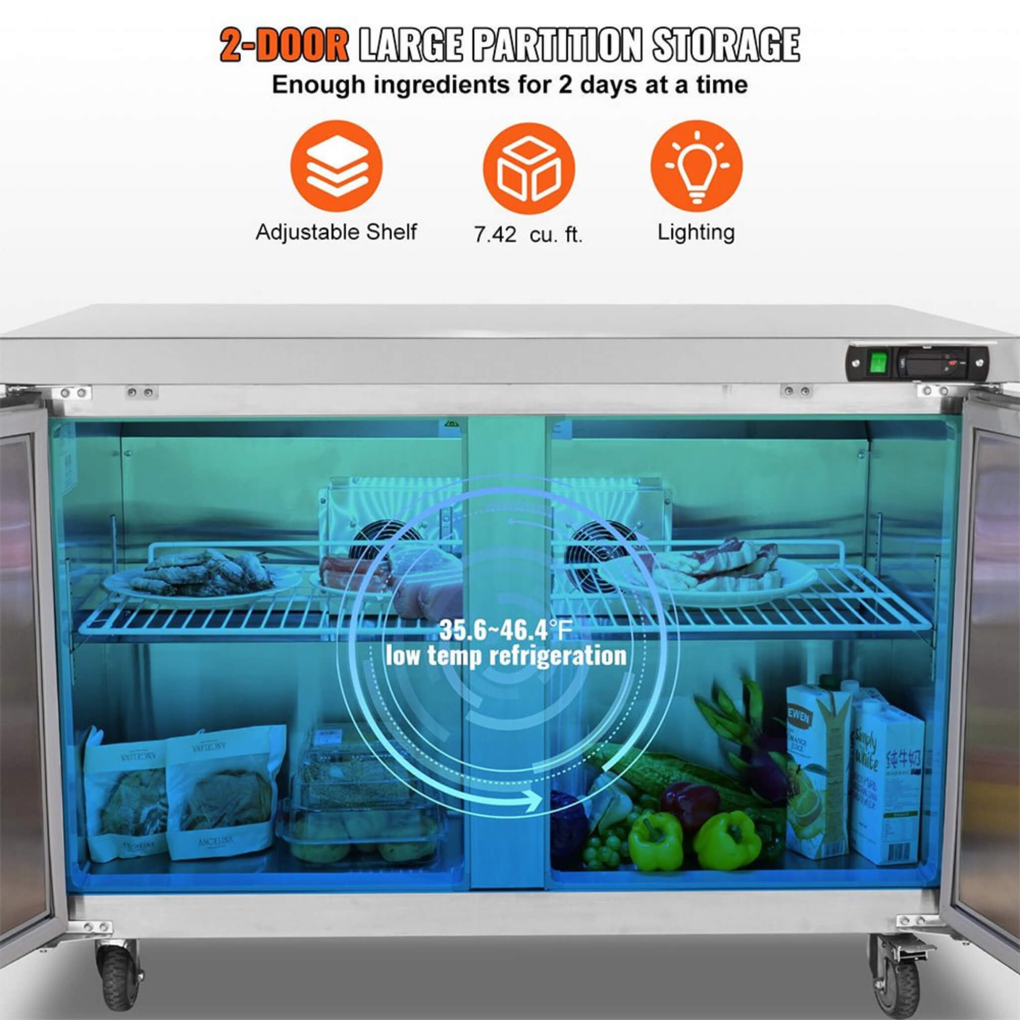 12.9 Cu.Ft 2-Door 48-Inch Commercial Stainless Steel Worktop Undercounter Refrigerator (SAK26049)
