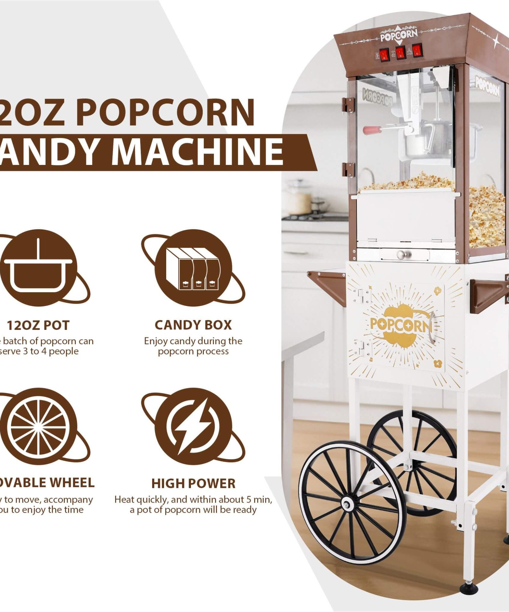 12-Ounce Commercial Retro Popcorn Machine Cart With Candy Boxes (SAK80954)