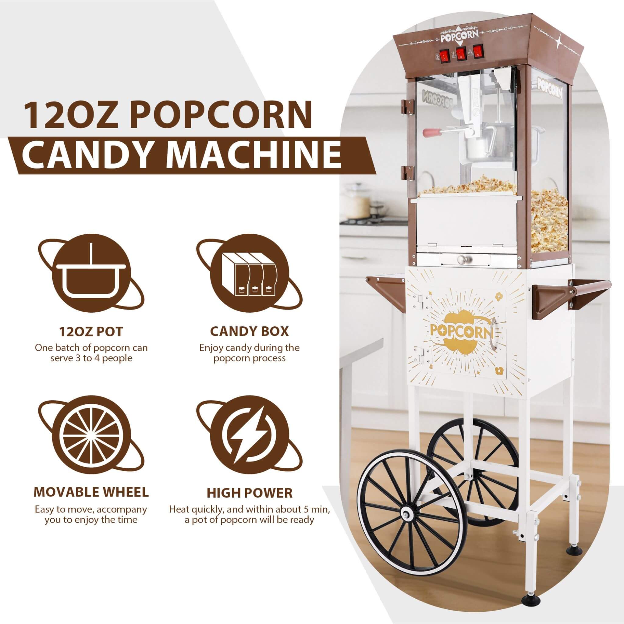 12-Ounce Commercial Retro Popcorn Machine Cart With Candy Boxes (SAK80954)