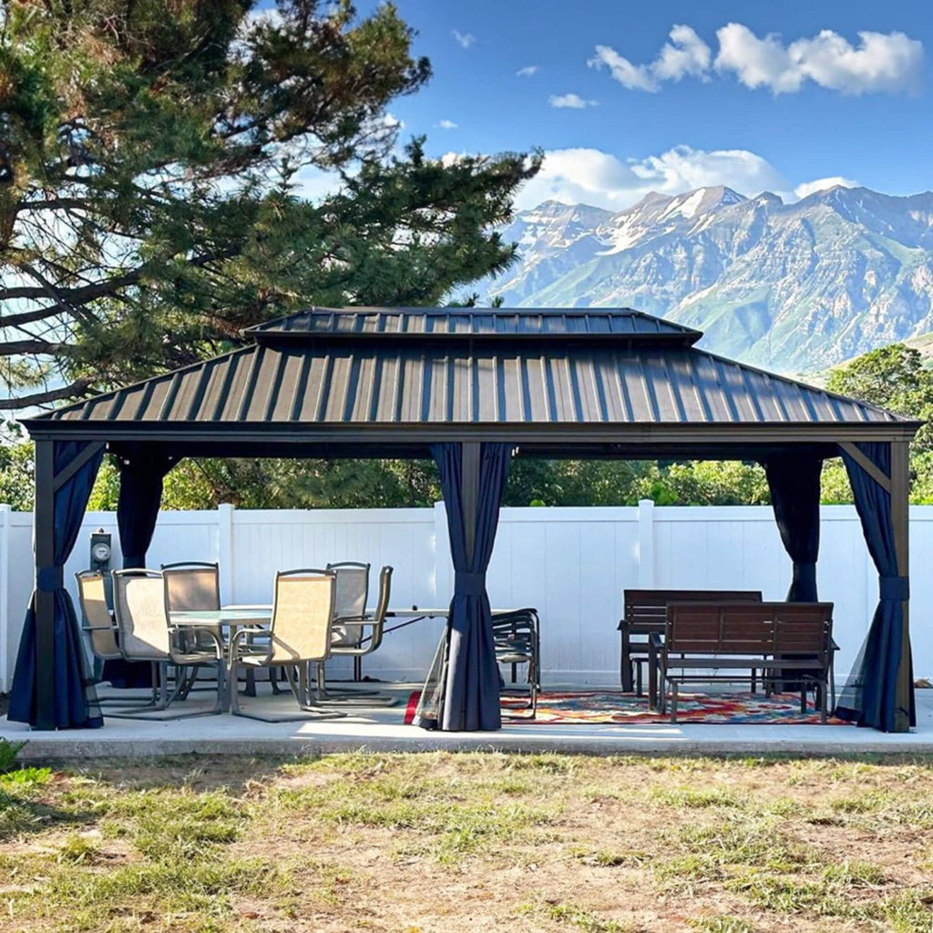 [12X20FT] Alora Heavy-Duty Outdoor Backyard Hardtop Gazebo With Netting And Curtains (SAK18352)