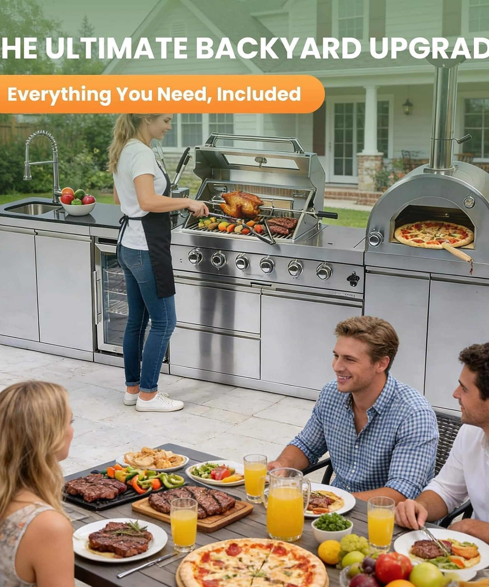 Blazon 125-Inch 4-Burner 108K BTU Outdoor Kitchen Island With Pizza Oven, Rotisserie & Refrigerator (SAK55768)