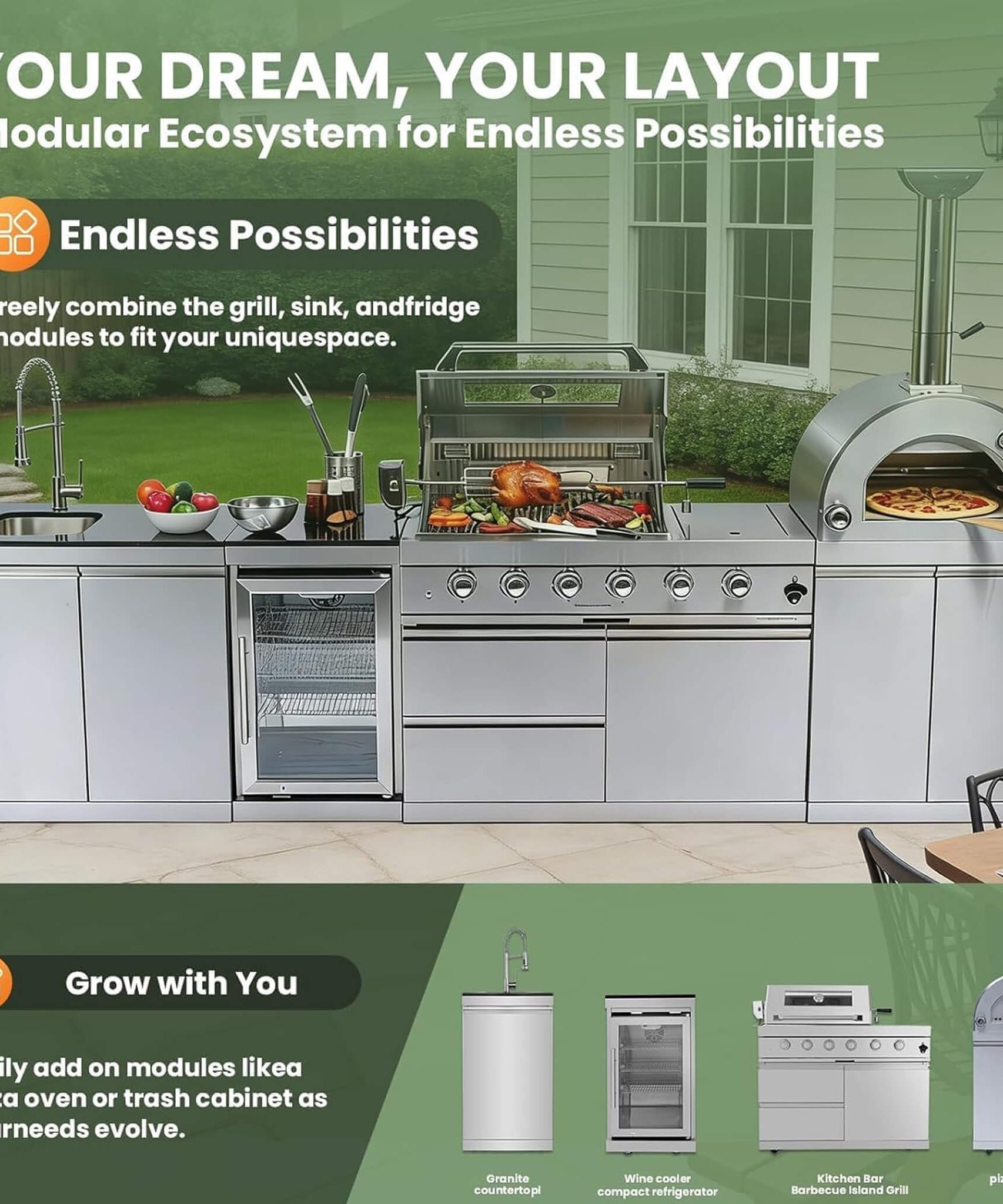 Blazon 125-Inch 4-Burner 108K BTU Outdoor Kitchen Island With Pizza Oven, Rotisserie & Refrigerator (SAK55768)