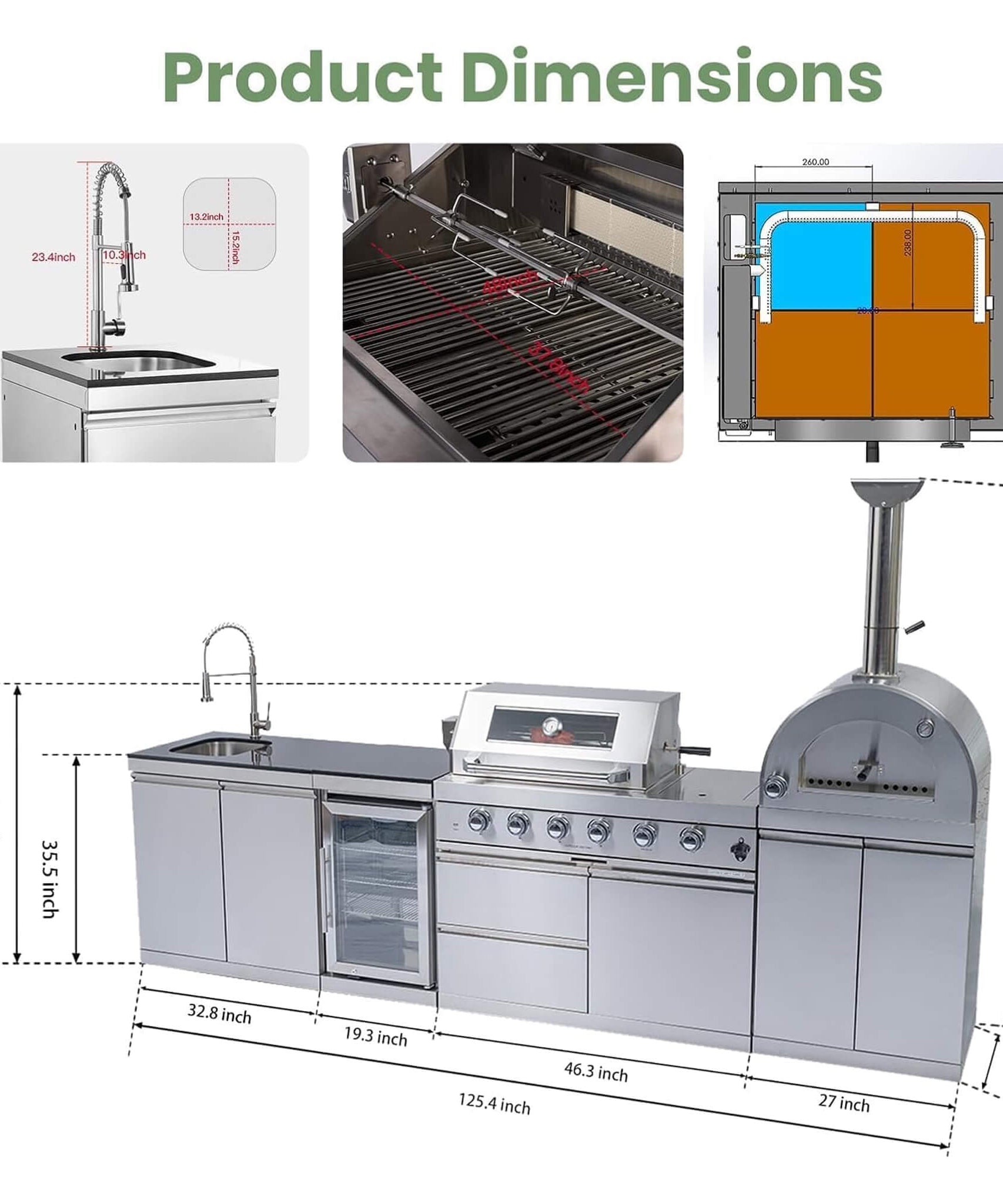 Blazon 125-Inch 4-Burner 108K BTU Outdoor Kitchen Island With Pizza Oven, Rotisserie & Refrigerator (SAK55768)