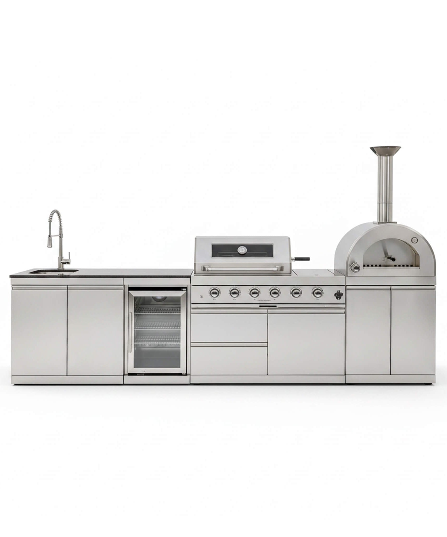 Blazon 125-Inch 4-Burner 108K BTU Outdoor Kitchen Island With Pizza Oven, Rotisserie & Refrigerator (SAK55768)