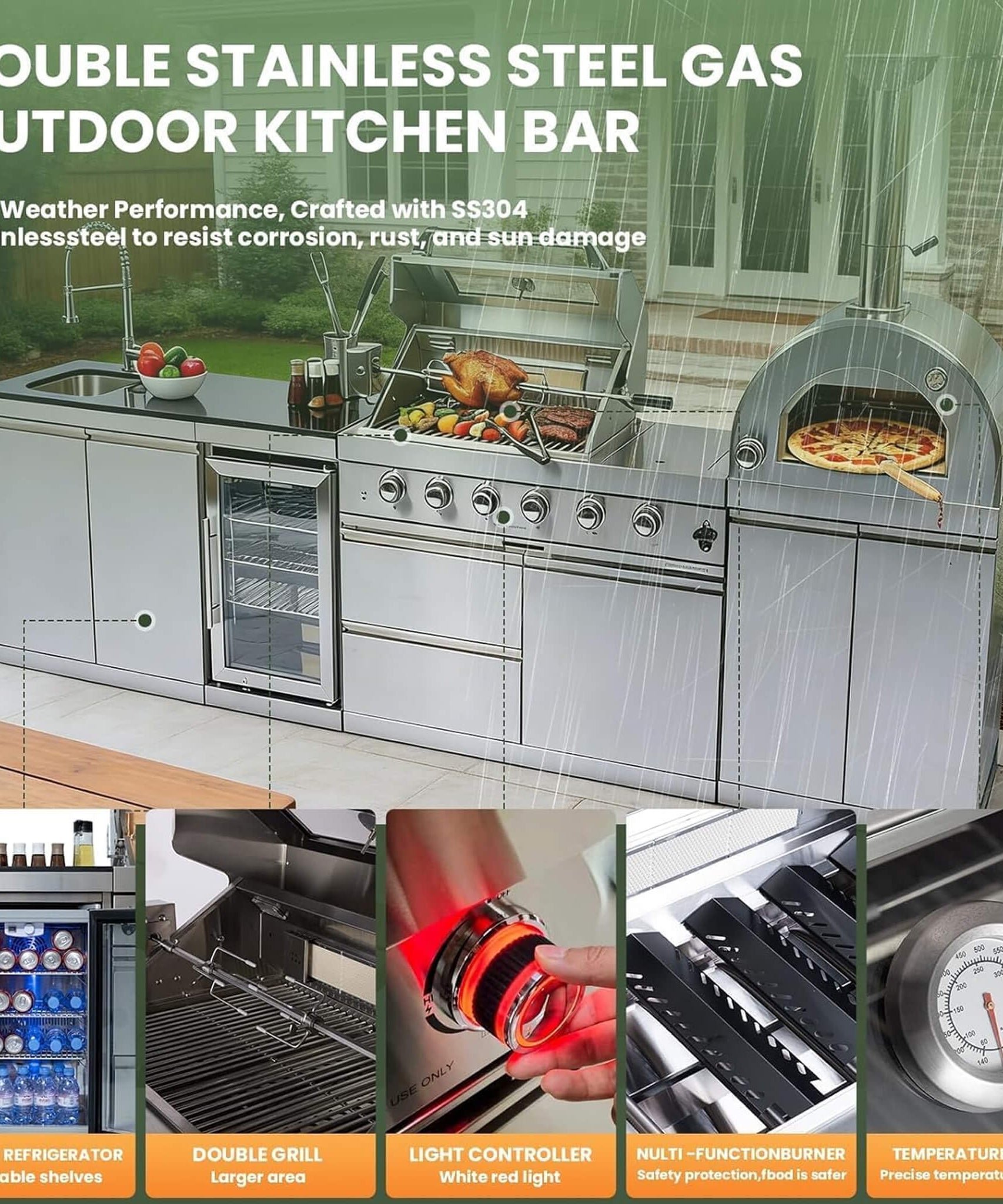 Blazon 125-Inch 4-Burner 108K BTU Outdoor Kitchen Island With Pizza Oven, Rotisserie & Refrigerator (SAK55768)