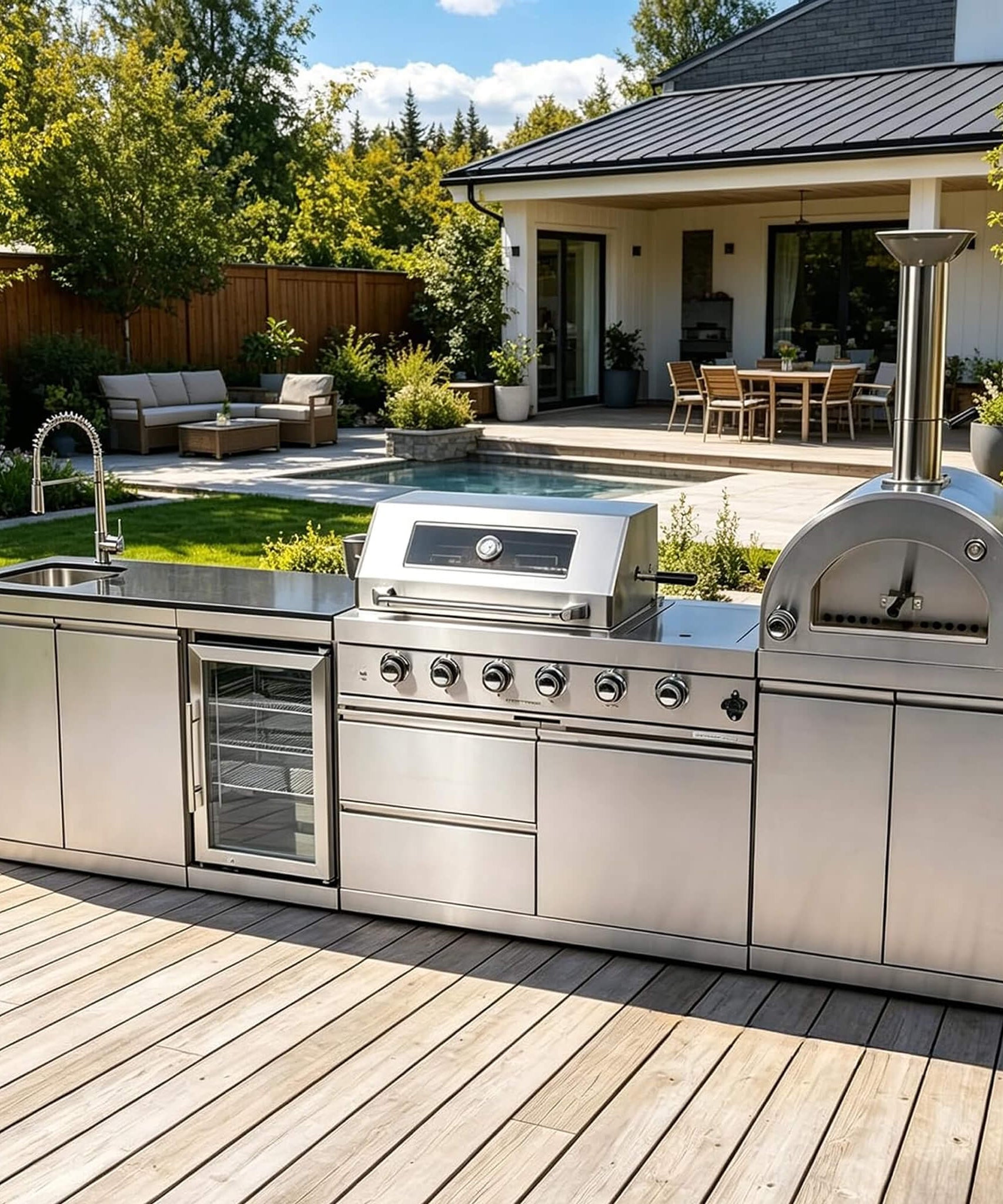 Blazon 125-Inch 4-Burner 108K BTU Outdoor Kitchen Island With Pizza Oven, Rotisserie & Refrigerator (SAK55768)