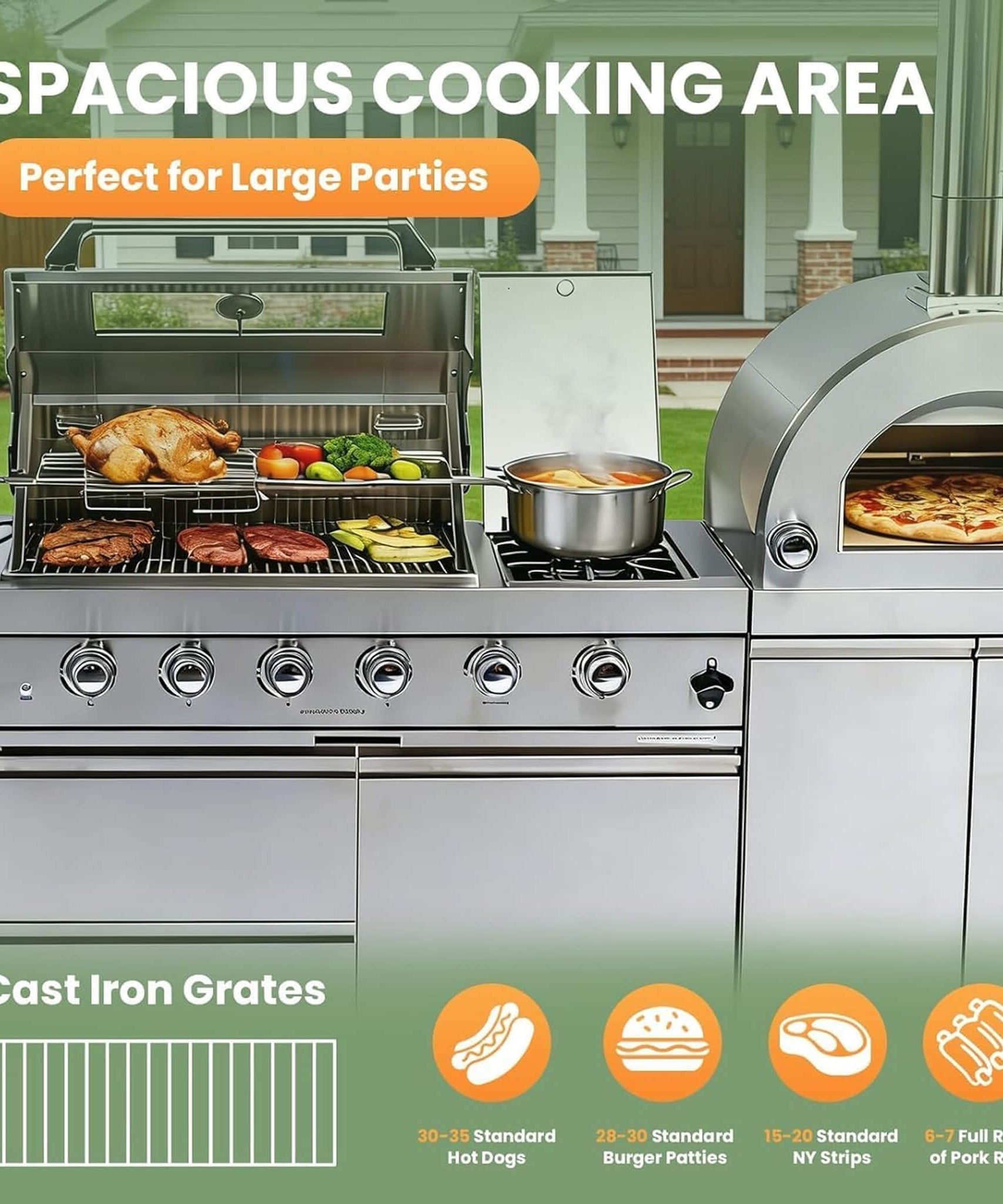 Blazon 125-Inch 4-Burner 108K BTU Outdoor Kitchen Island With Pizza Oven, Rotisserie & Refrigerator (SAK55768)